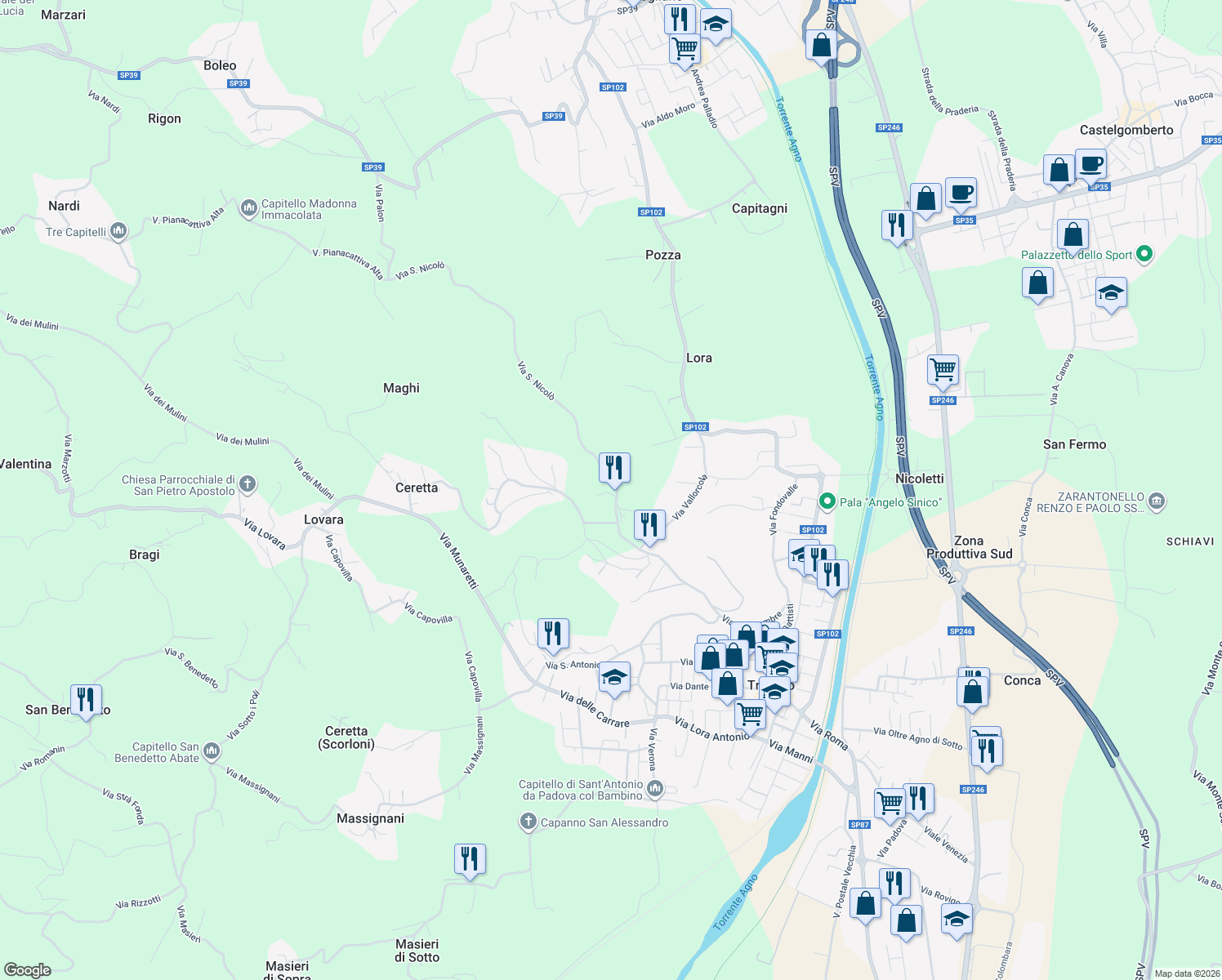 map of restaurants, bars, coffee shops, grocery stores, and more near 45 Via San Nicolò in Trissino
