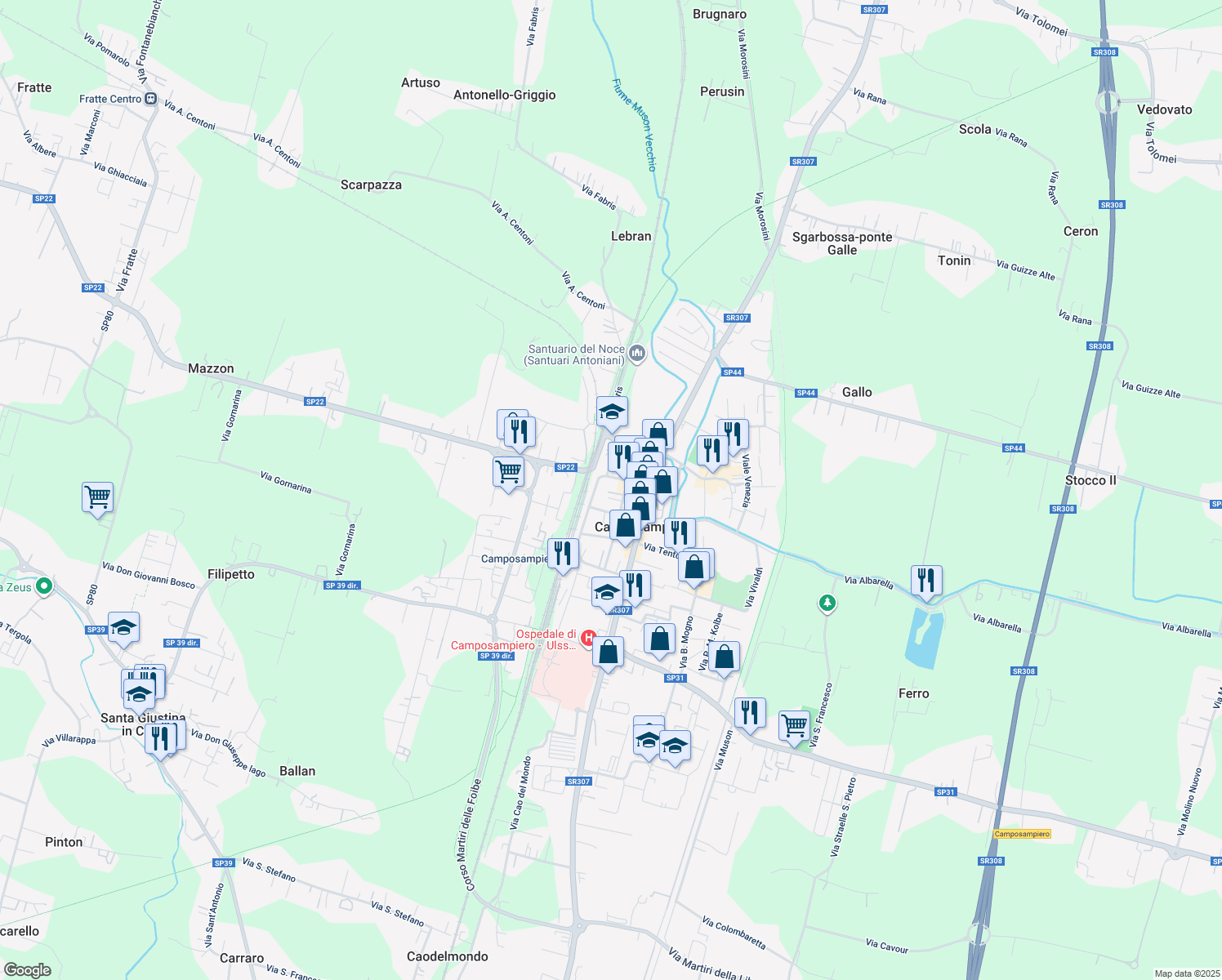 map of restaurants, bars, coffee shops, grocery stores, and more near 8 Via C.trà Madonna delle Grazie in Camposampiero