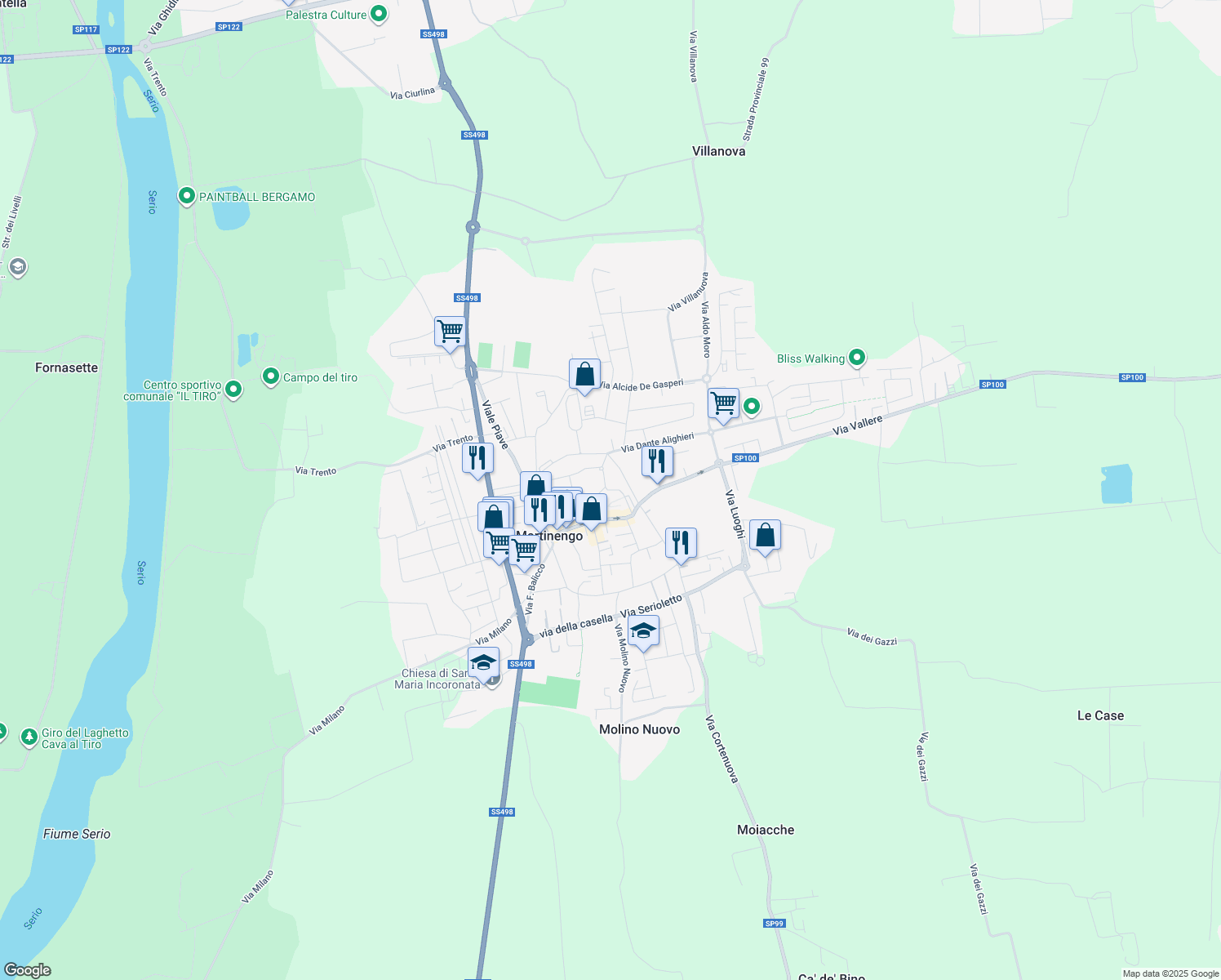 map of restaurants, bars, coffee shops, grocery stores, and more near 23 Via Colleoni in Martinengo