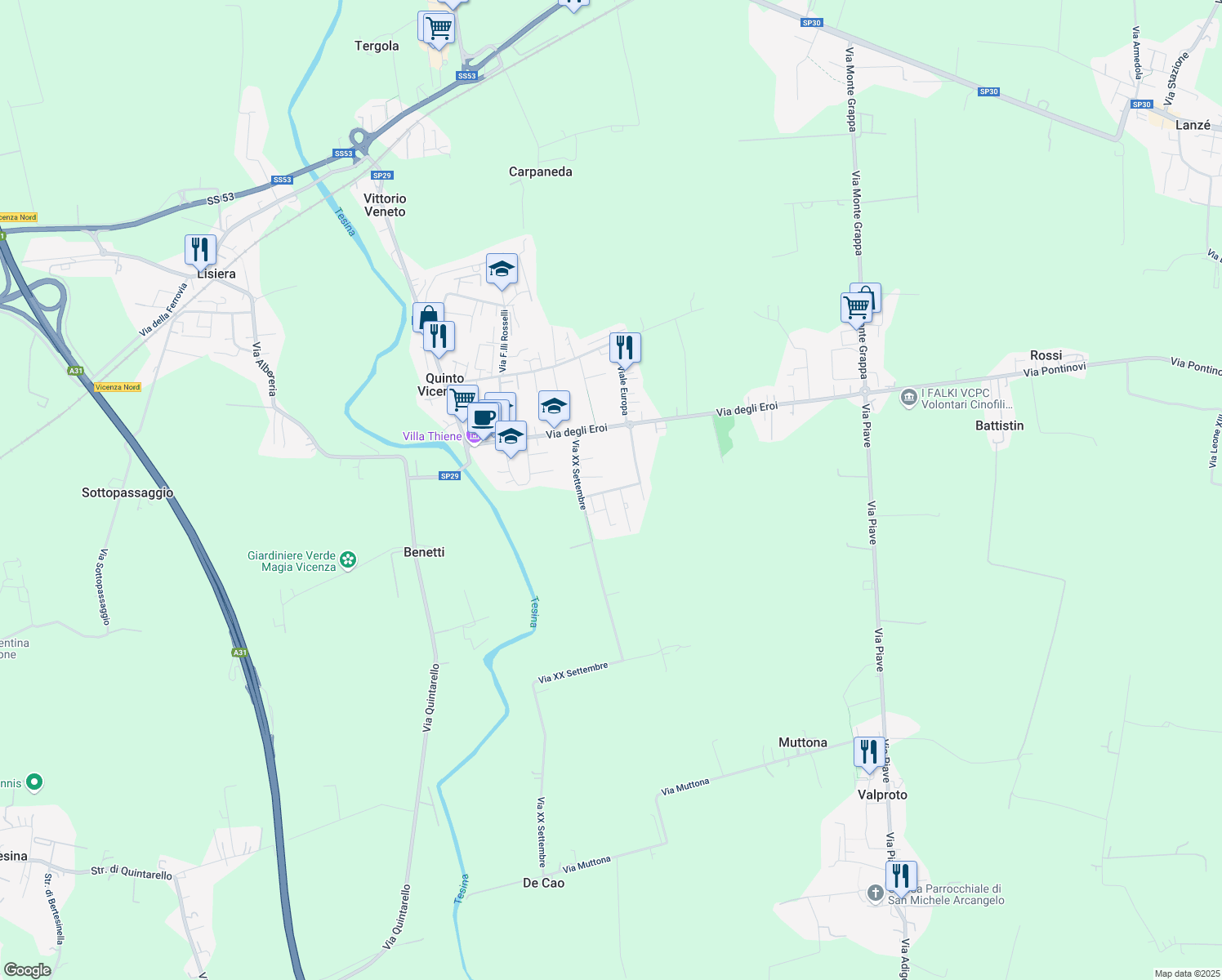 map of restaurants, bars, coffee shops, grocery stores, and more near 111 Via XXV Aprile in Quinto Vicentino