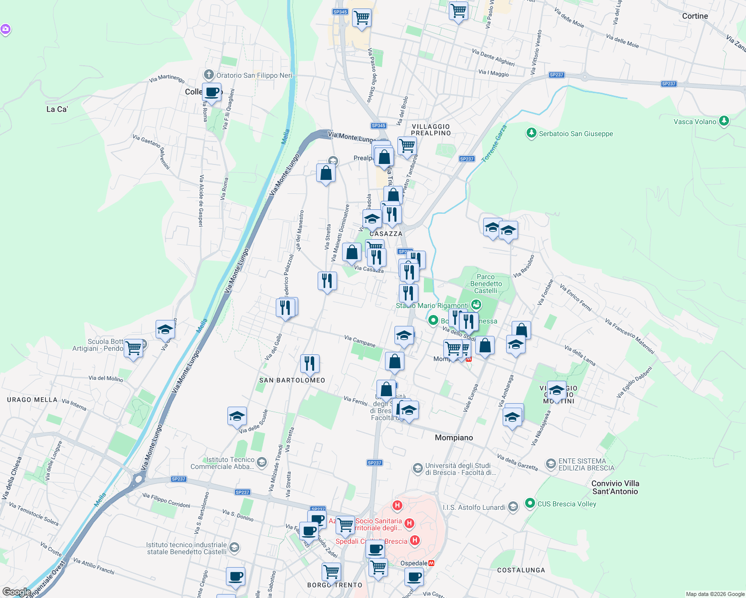 map of restaurants, bars, coffee shops, grocery stores, and more near 20 Via Carlo Fisogni in Brescia