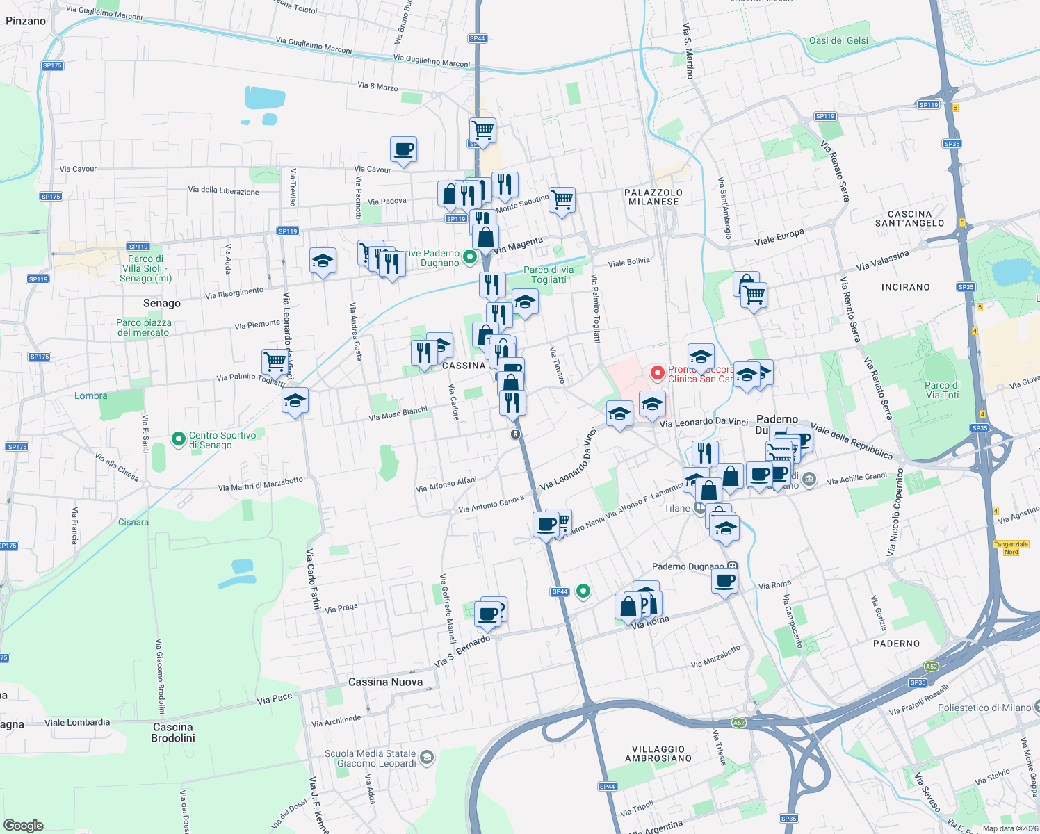map of restaurants, bars, coffee shops, grocery stores, and more near 32 Via Reali in Paderno Dugnano