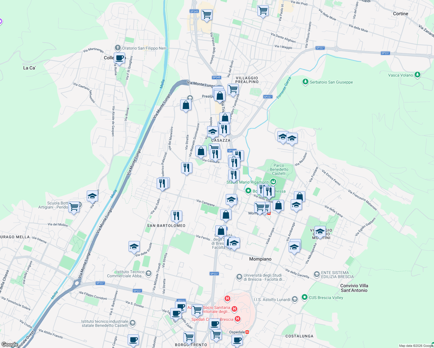 map of restaurants, bars, coffee shops, grocery stores, and more near 20 Via Carlo Fisogni in Brescia