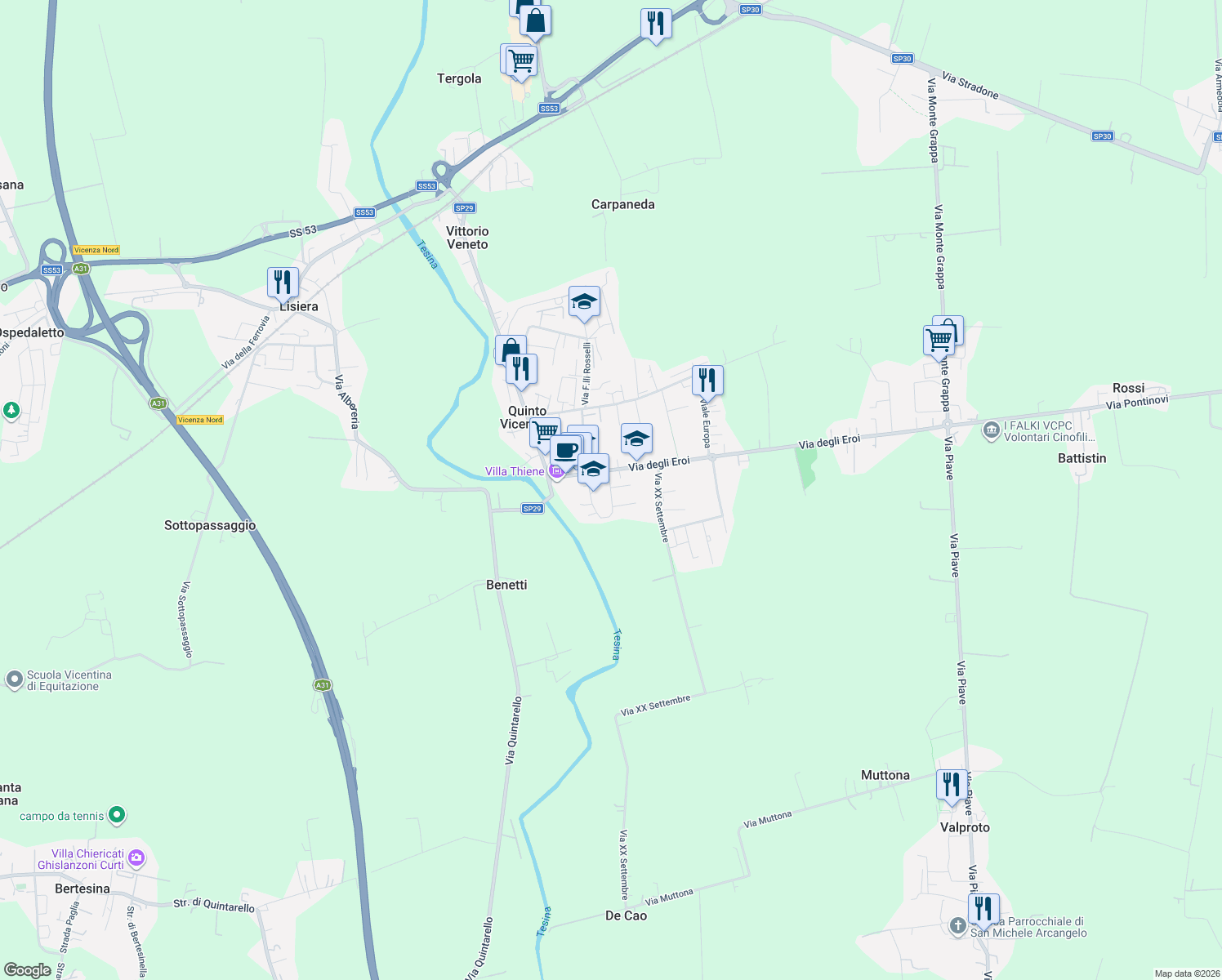 map of restaurants, bars, coffee shops, grocery stores, and more near 1 Via Monte Pasubio in Quinto Vicentino