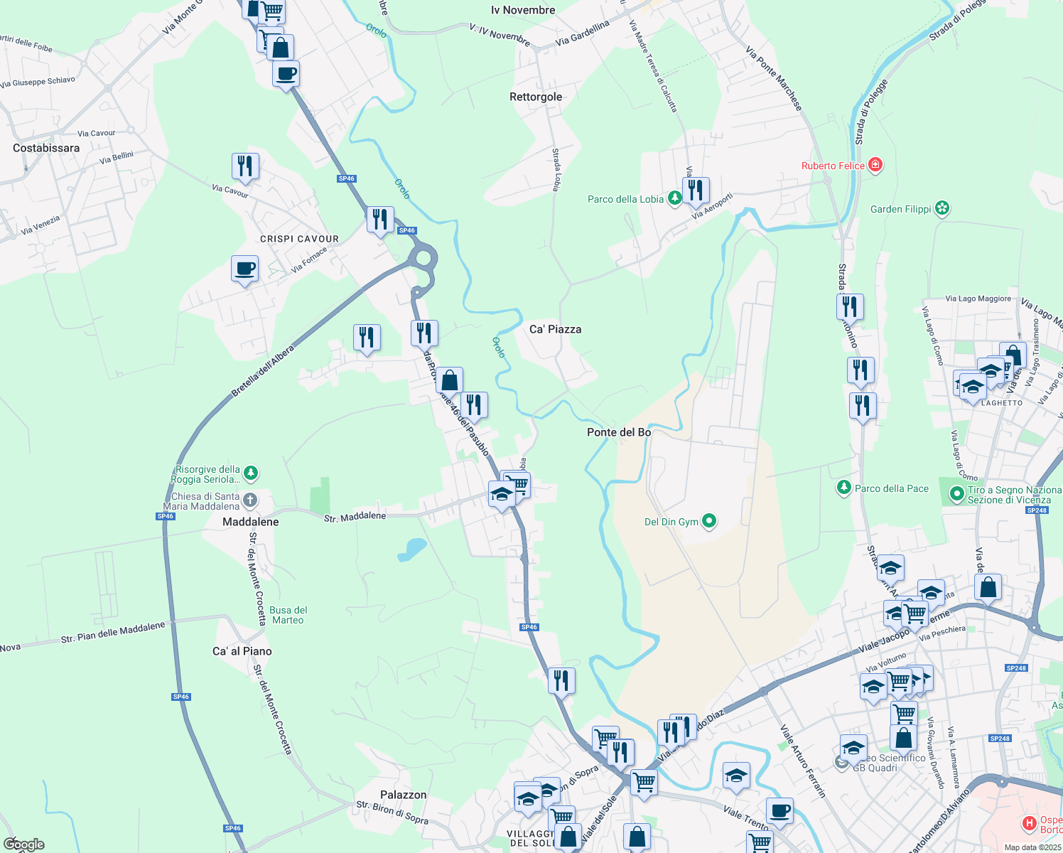 map of restaurants, bars, coffee shops, grocery stores, and more near 63 Strada Lobia in Vicenza
