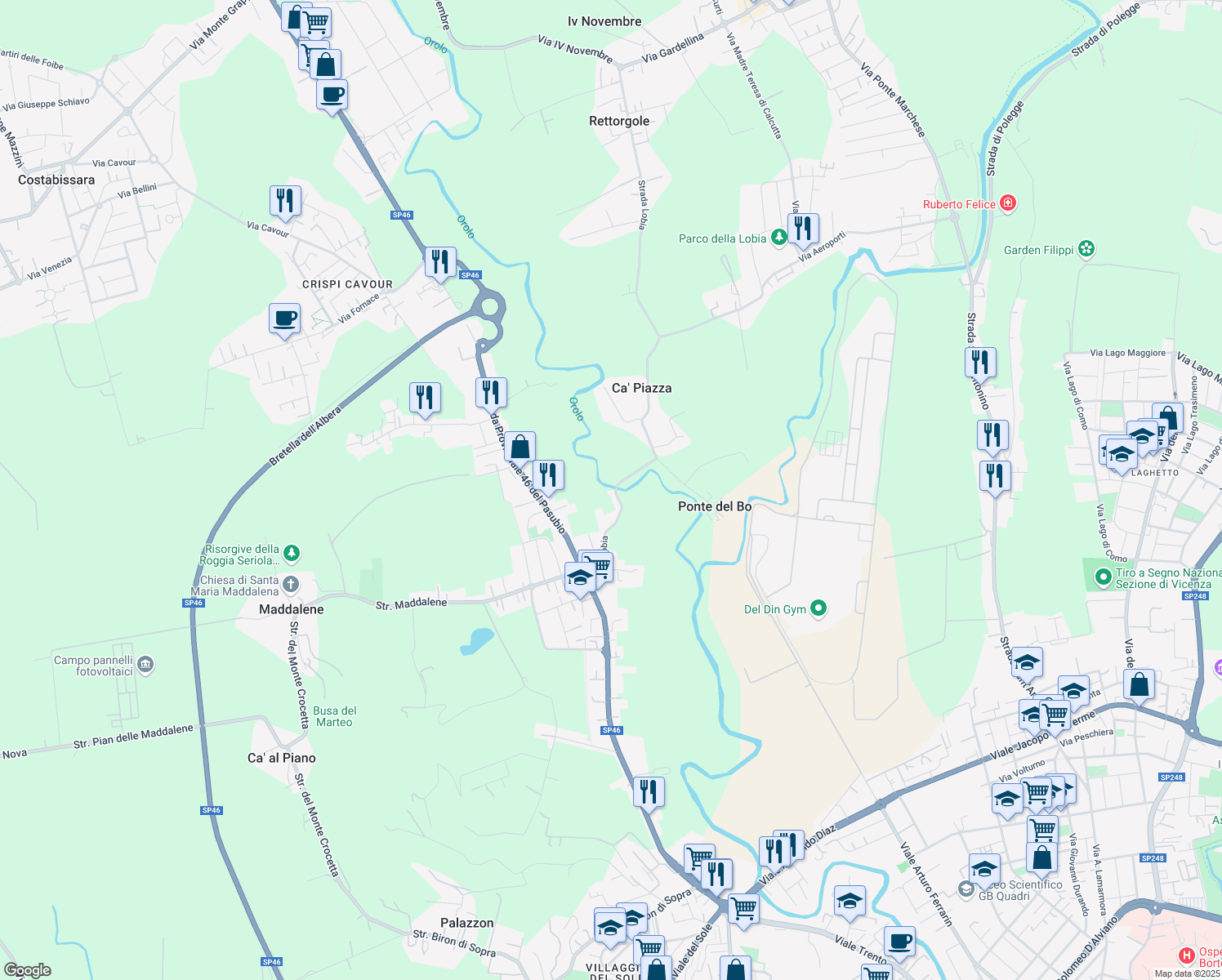 map of restaurants, bars, coffee shops, grocery stores, and more near 63 Strada Lobia in Vicenza