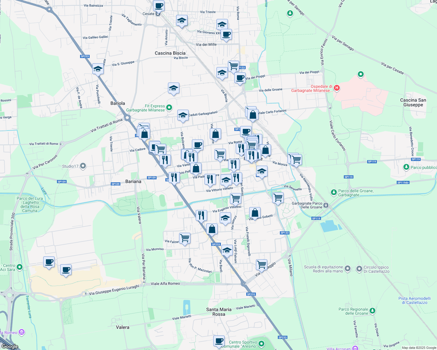 map of restaurants, bars, coffee shops, grocery stores, and more near 3 Via Silvio Pellico in Garbagnate Milanese