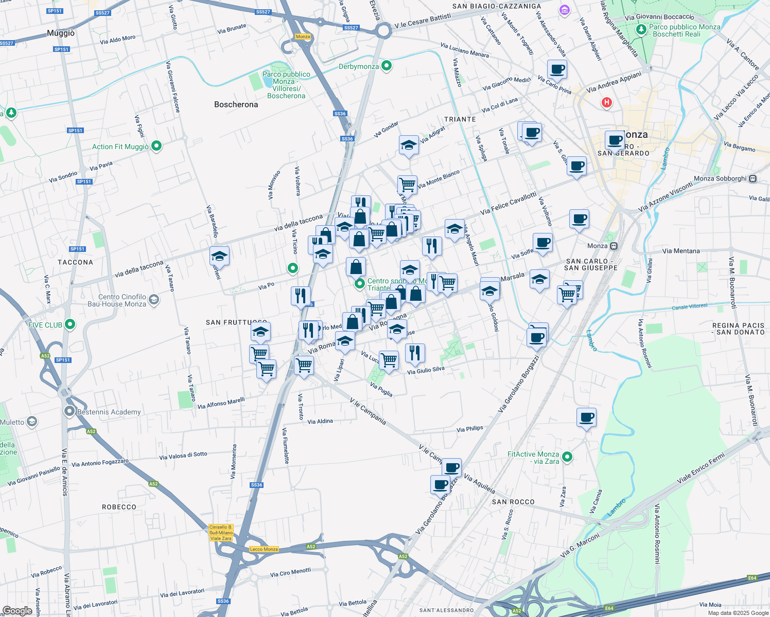 map of restaurants, bars, coffee shops, grocery stores, and more near 9 Via Venezia Giulia in Monza