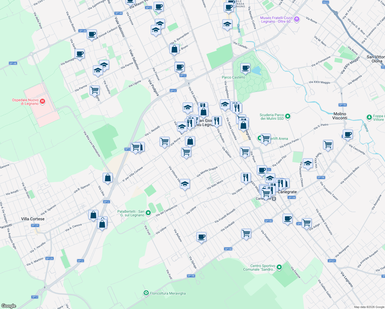map of restaurants, bars, coffee shops, grocery stores, and more near 15 Vicolo Giuseppe Garibaldi in San Giorgio Su Legnano