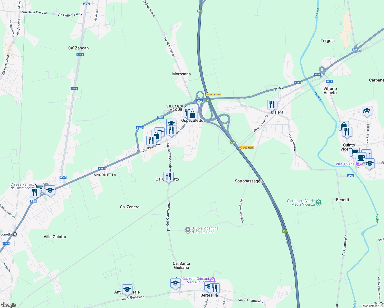 map of restaurants, bars, coffee shops, grocery stores, and more near 88 Via Palladio in Province of Vicenza