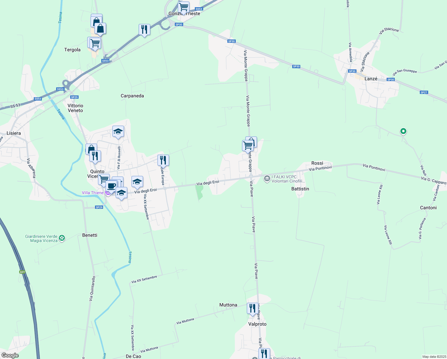 map of restaurants, bars, coffee shops, grocery stores, and more near 88 Via degli Eroi in Quinto Vicentino