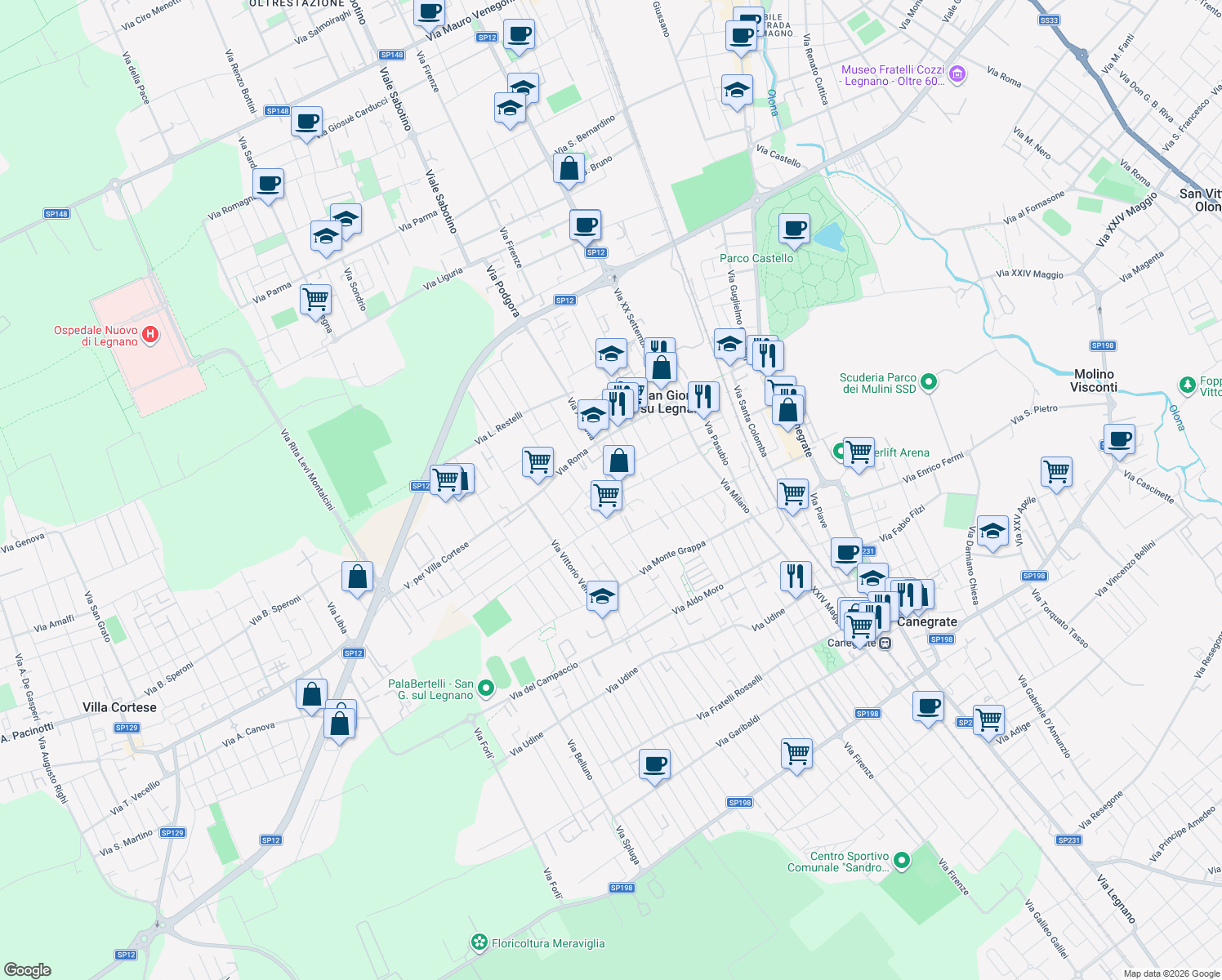map of restaurants, bars, coffee shops, grocery stores, and more near 15 Via Giuseppe Garibaldi in San Giorgio Su Legnano