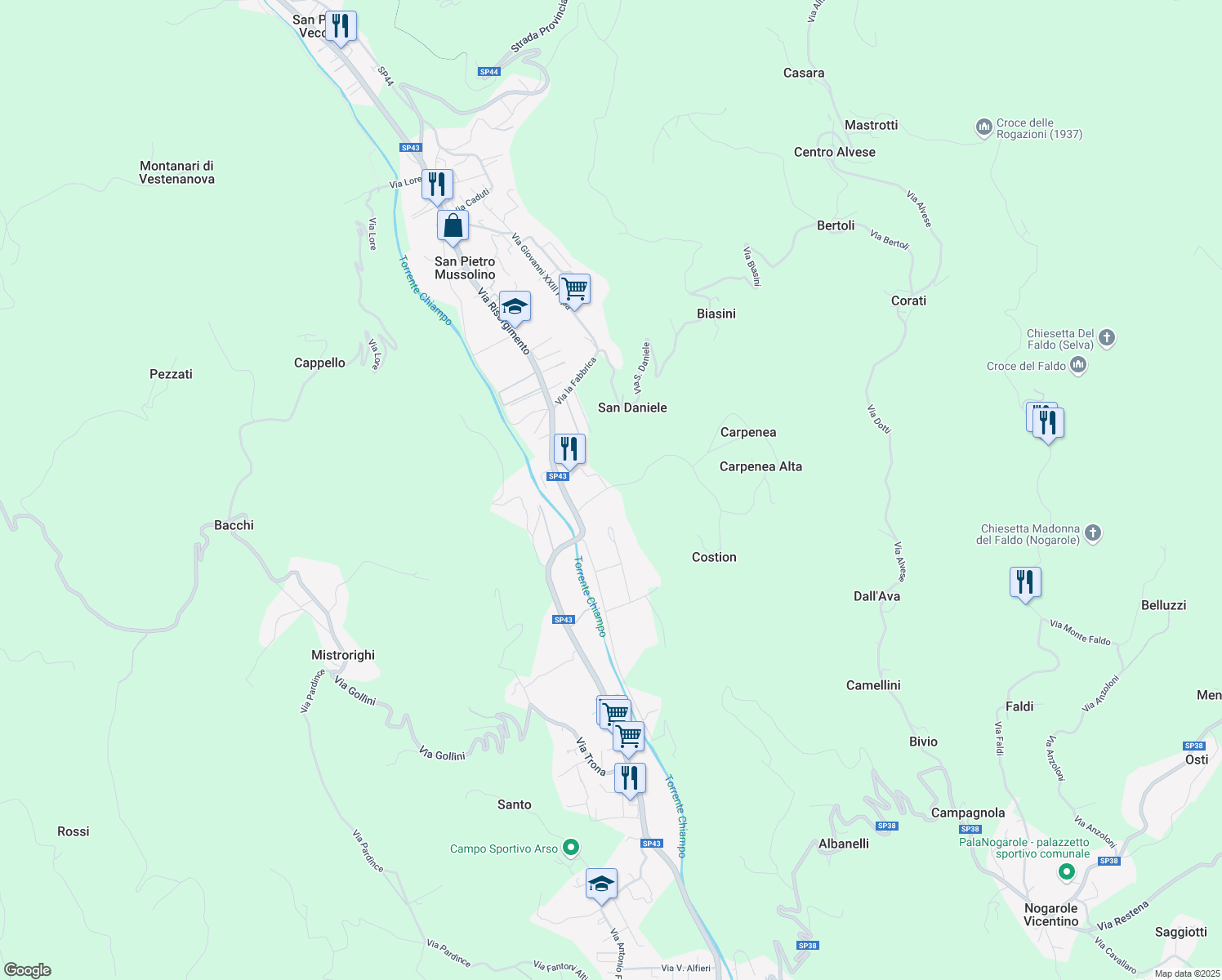 map of restaurants, bars, coffee shops, grocery stores, and more near 22 Via Zoccolari in Chiampo