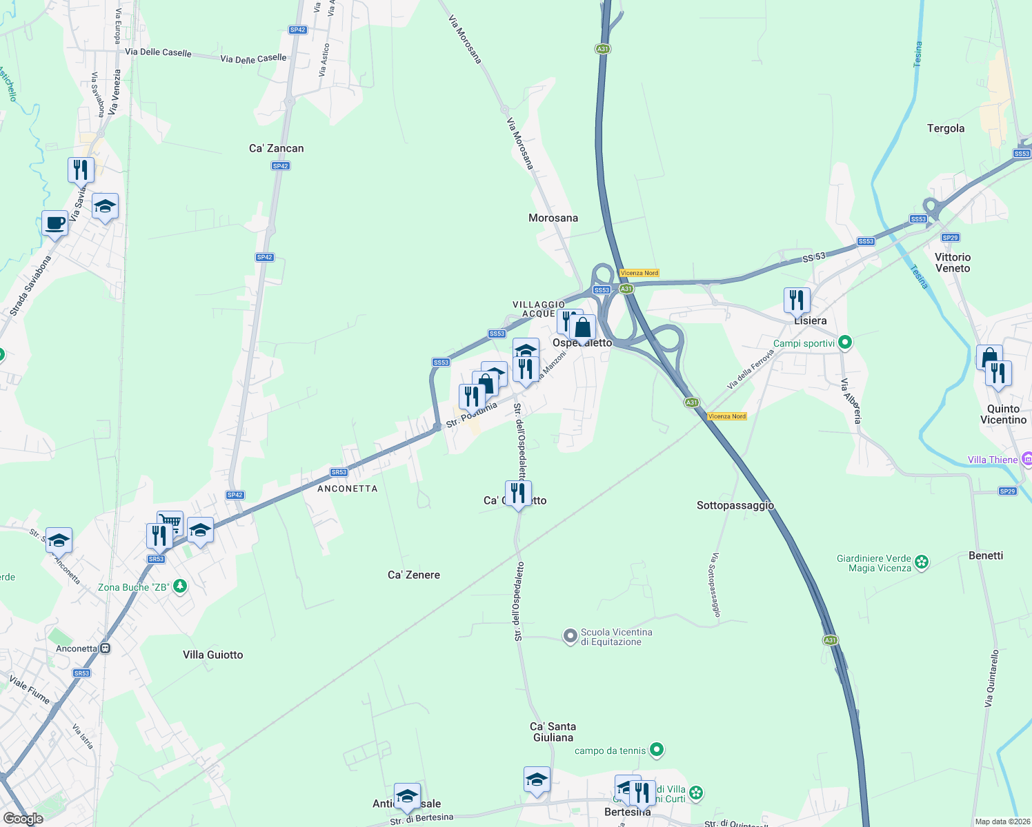 map of restaurants, bars, coffee shops, grocery stores, and more near Strada dell'Ospedaletto in Province of Vicenza