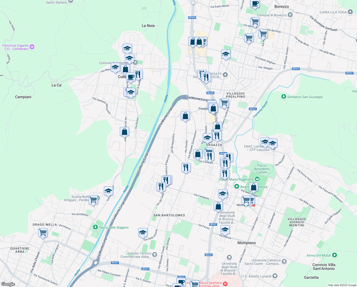 map of restaurants, bars, coffee shops, grocery stores, and more near 64 Via del Manestro in Brescia
