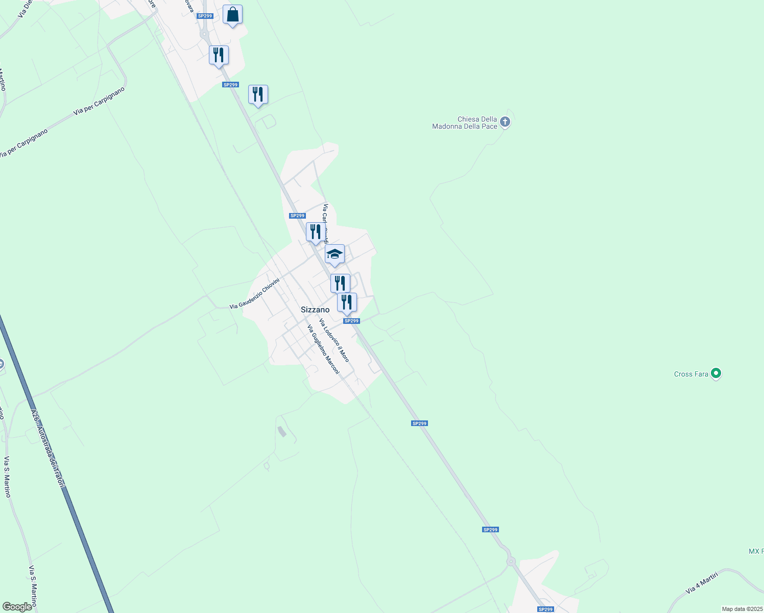 map of restaurants, bars, coffee shops, grocery stores, and more near 17 Via Giuppini in Sizzano