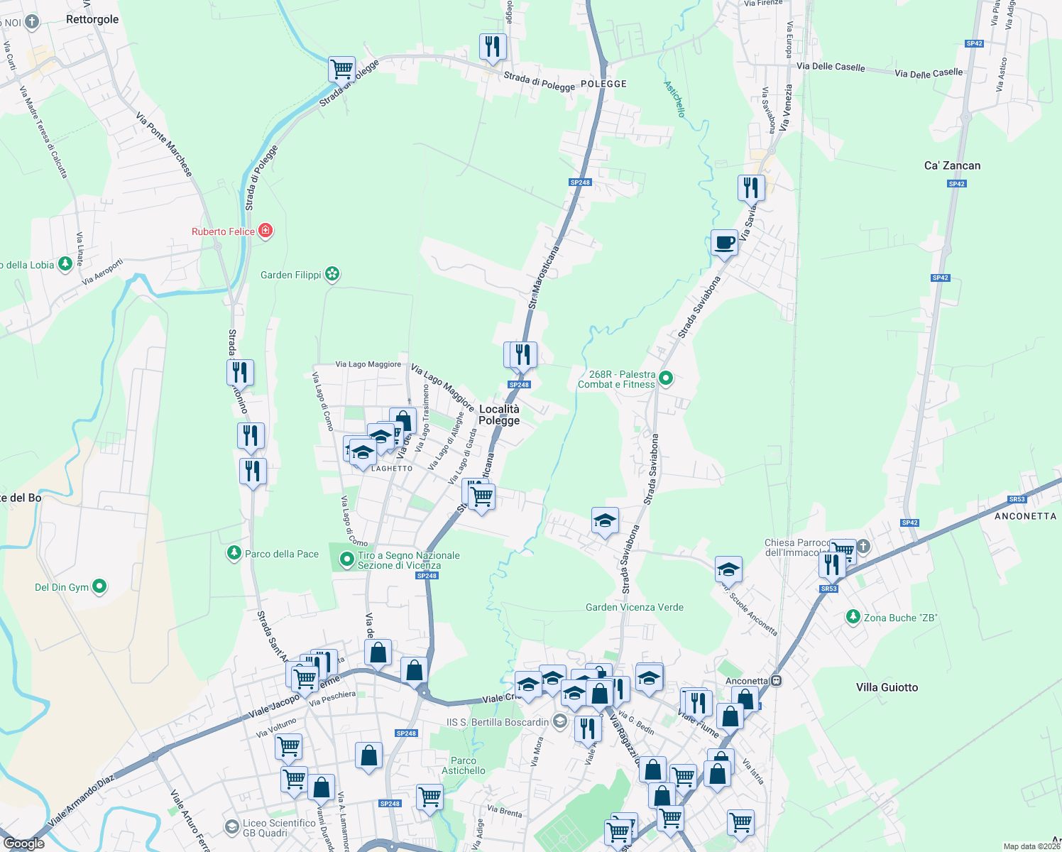 map of restaurants, bars, coffee shops, grocery stores, and more near 33 Via Maglio di Laghetto in Vicenza