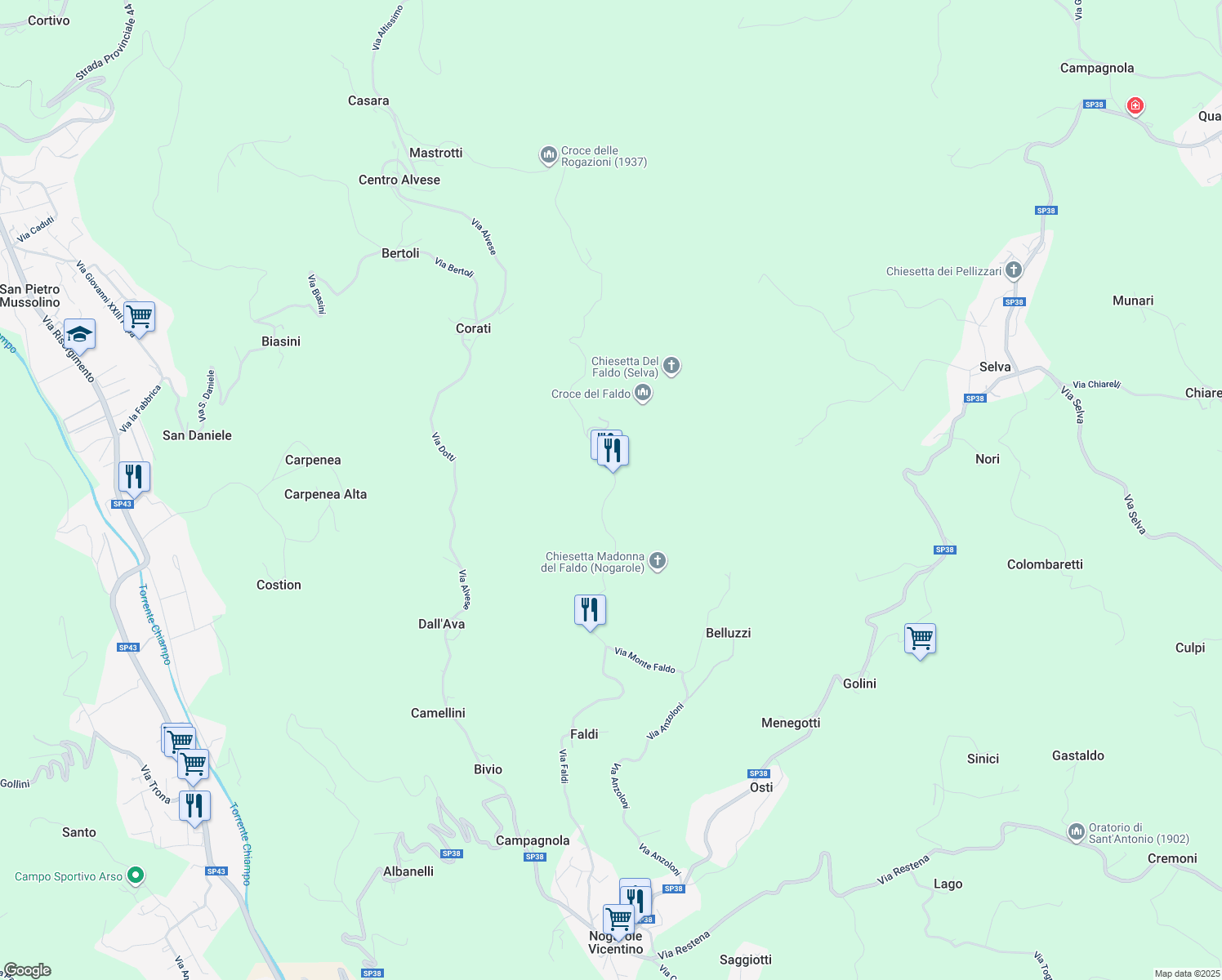 map of restaurants, bars, coffee shops, grocery stores, and more near 15 Via Monte Faldo in Provincia di Vicenza