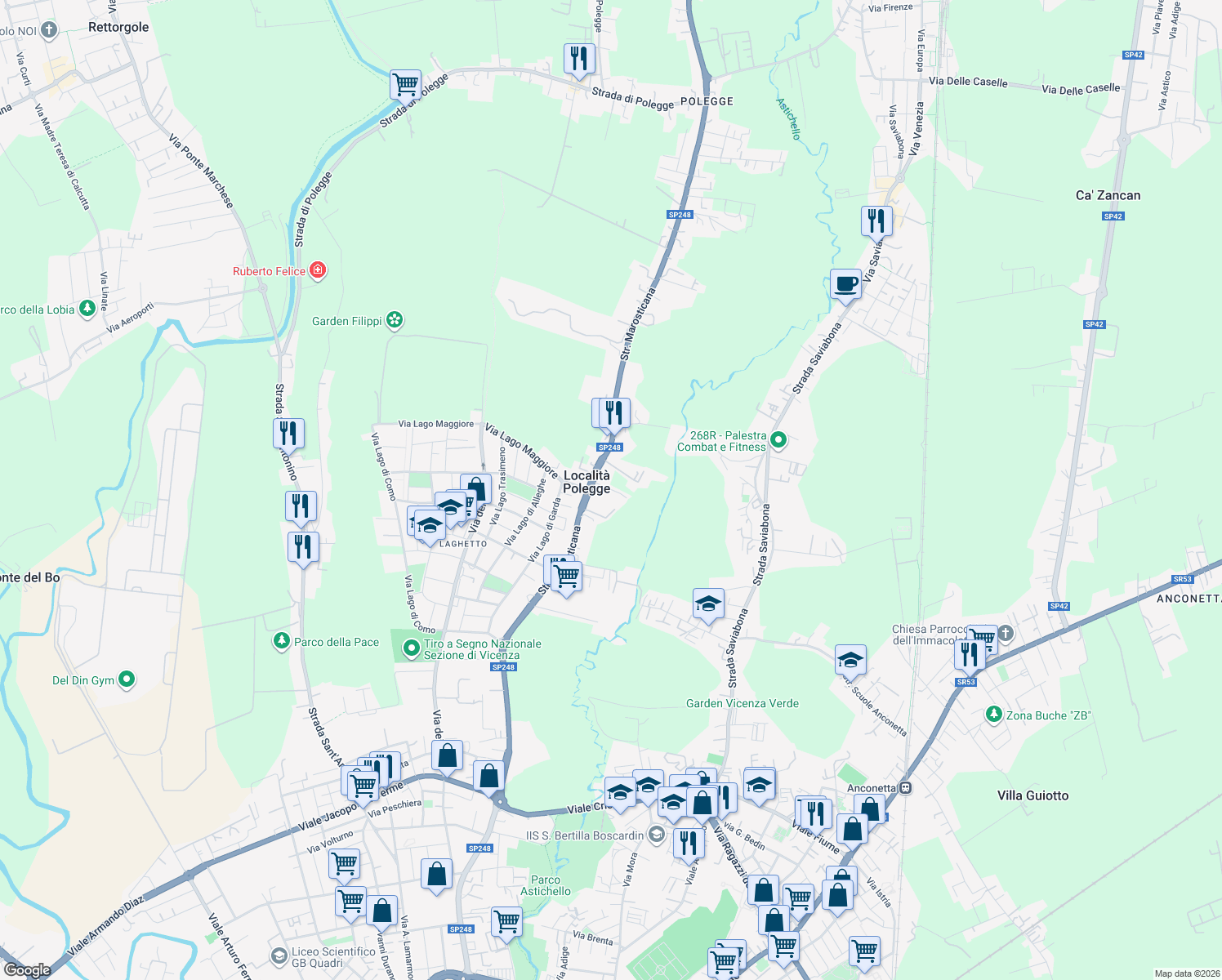 map of restaurants, bars, coffee shops, grocery stores, and more near 33 Via Maglio di Laghetto in Vicenza