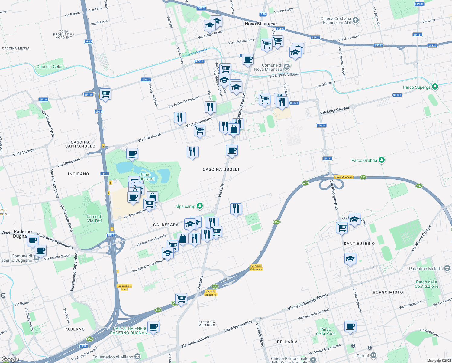 map of restaurants, bars, coffee shops, grocery stores, and more near 1 Via Erba in Paderno Dugnano