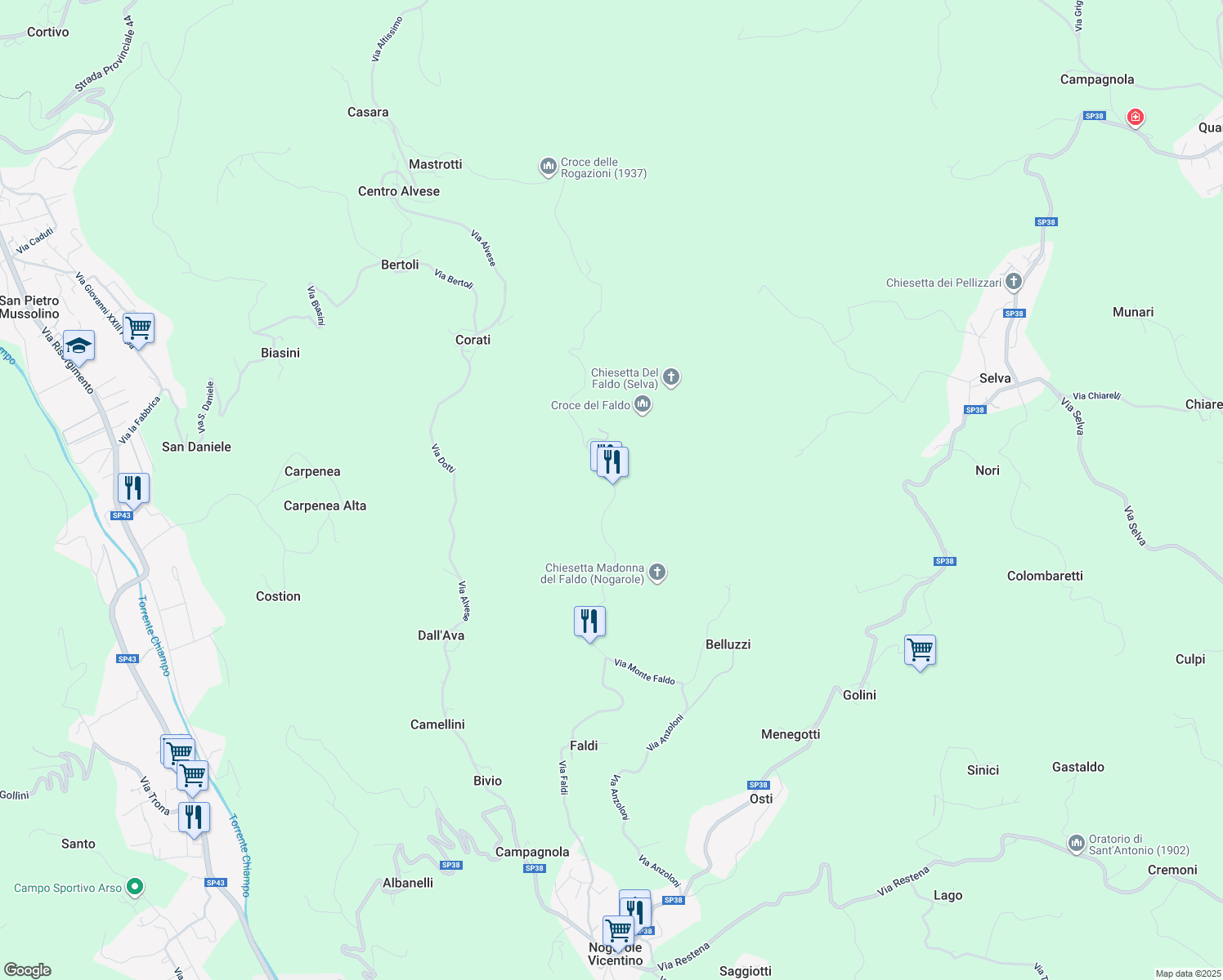 map of restaurants, bars, coffee shops, grocery stores, and more near 15 Via Monte Faldo in Provincia di Vicenza