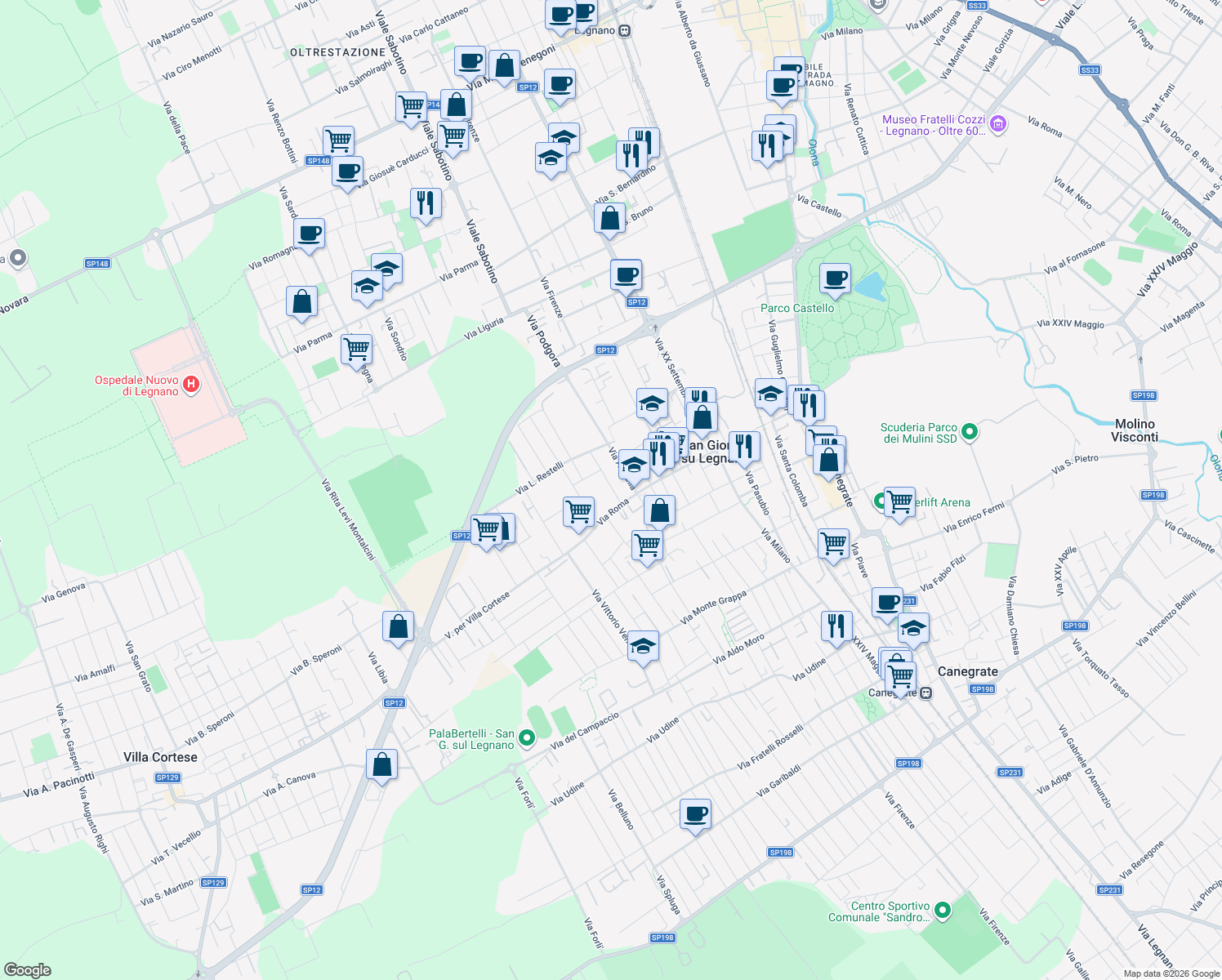 map of restaurants, bars, coffee shops, grocery stores, and more near 60 Via Goffredo Mameli in San Giorgio Su Legnano