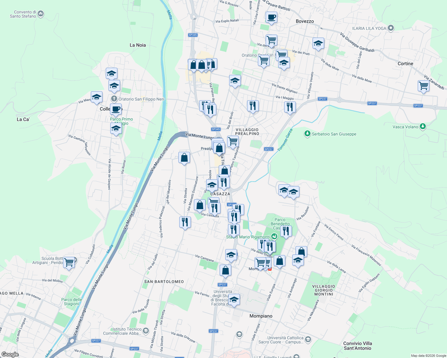 map of restaurants, bars, coffee shops, grocery stores, and more near 228 Via Triumplina in Brescia