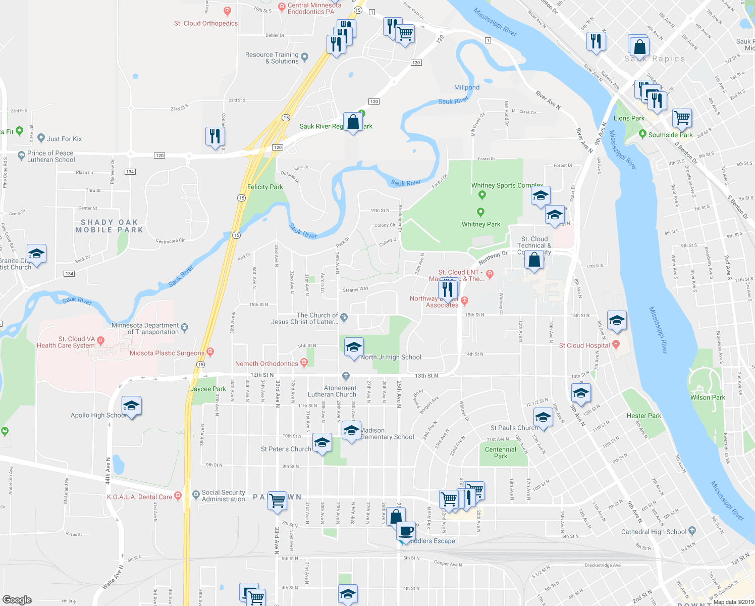 map of restaurants, bars, coffee shops, grocery stores, and more near 2559 15th Street North in St. Cloud