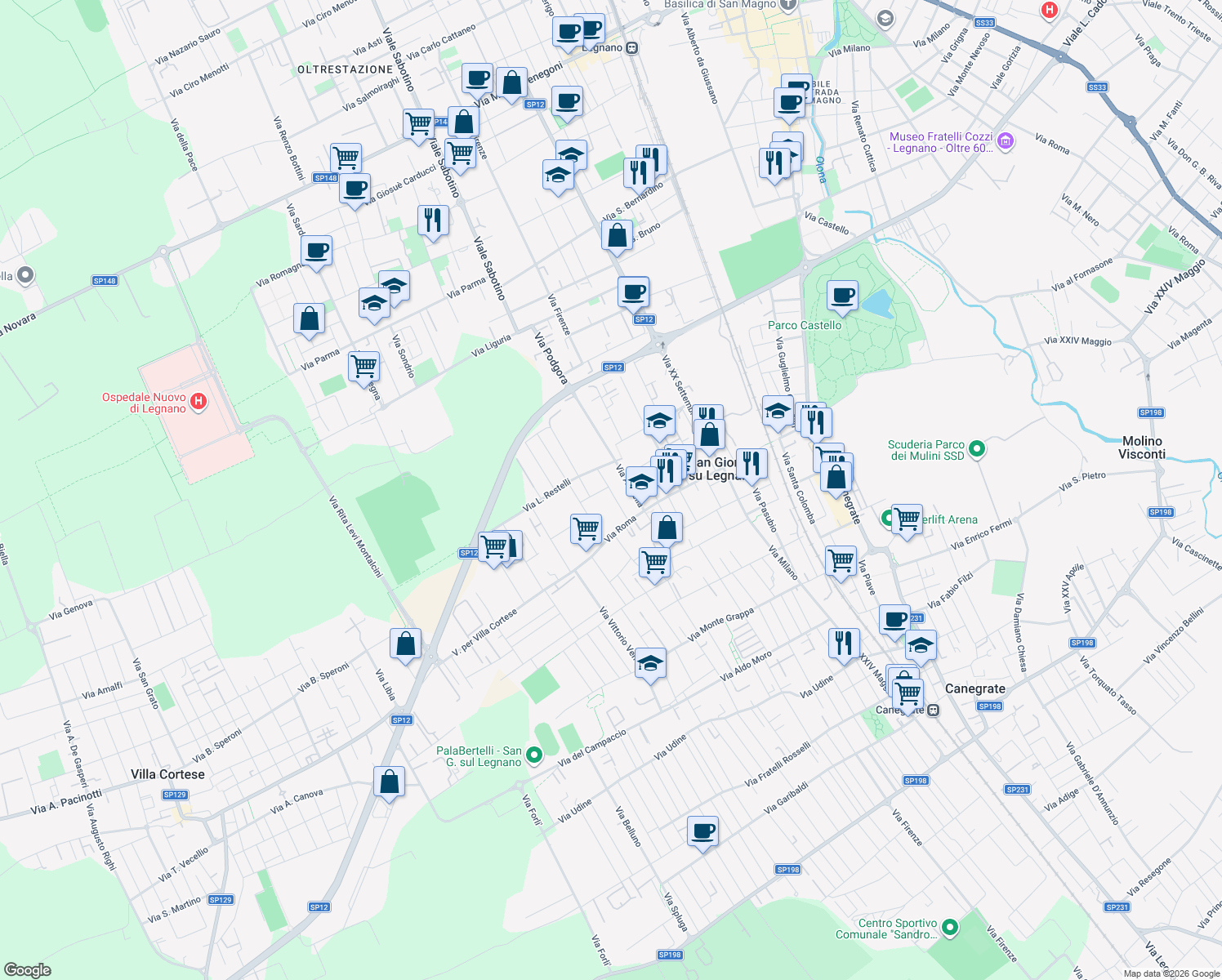 map of restaurants, bars, coffee shops, grocery stores, and more near 60 Via G. Mameli in San Giorgio Su Legnano