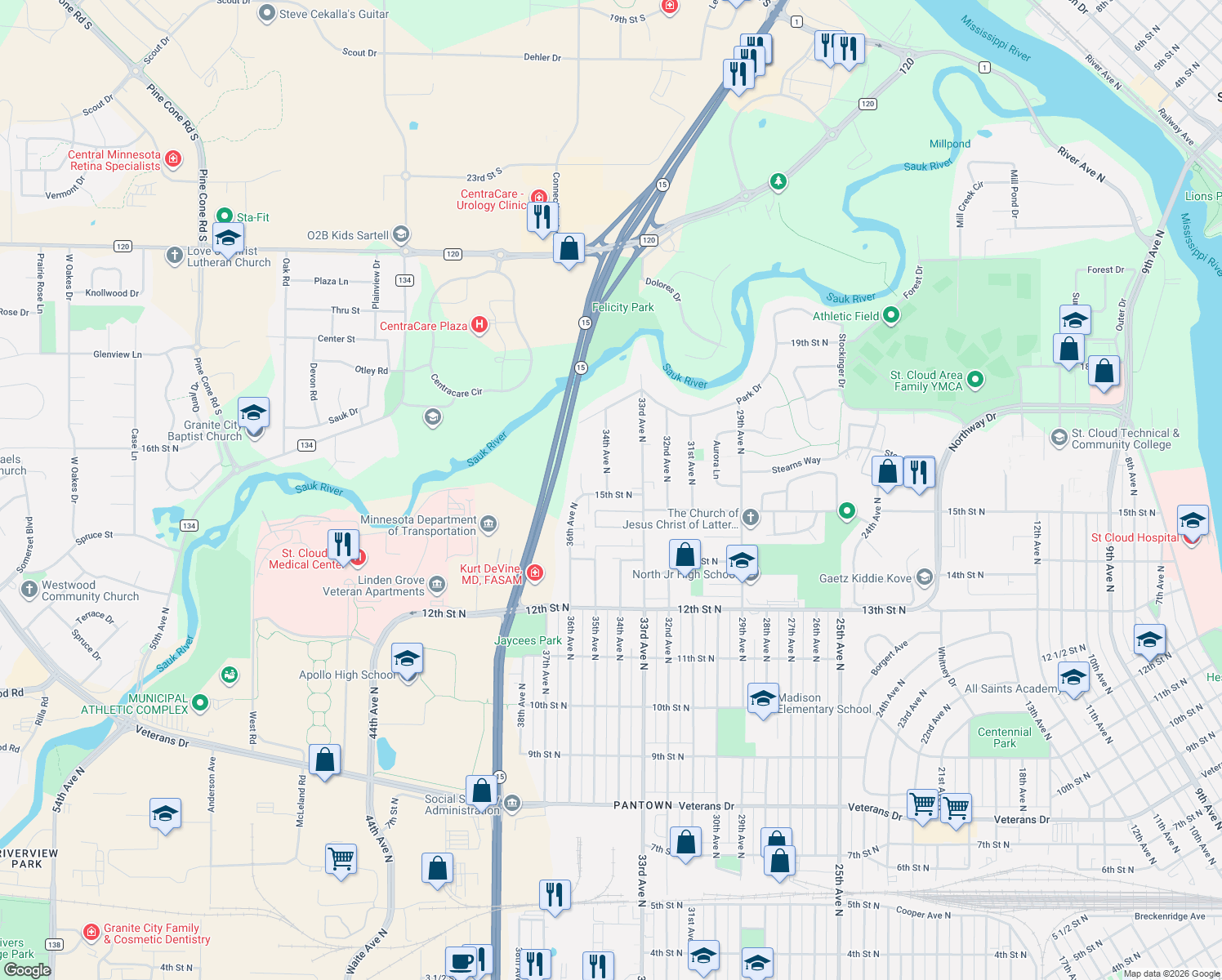 map of restaurants, bars, coffee shops, grocery stores, and more near 3333 15th Street North in St. Cloud