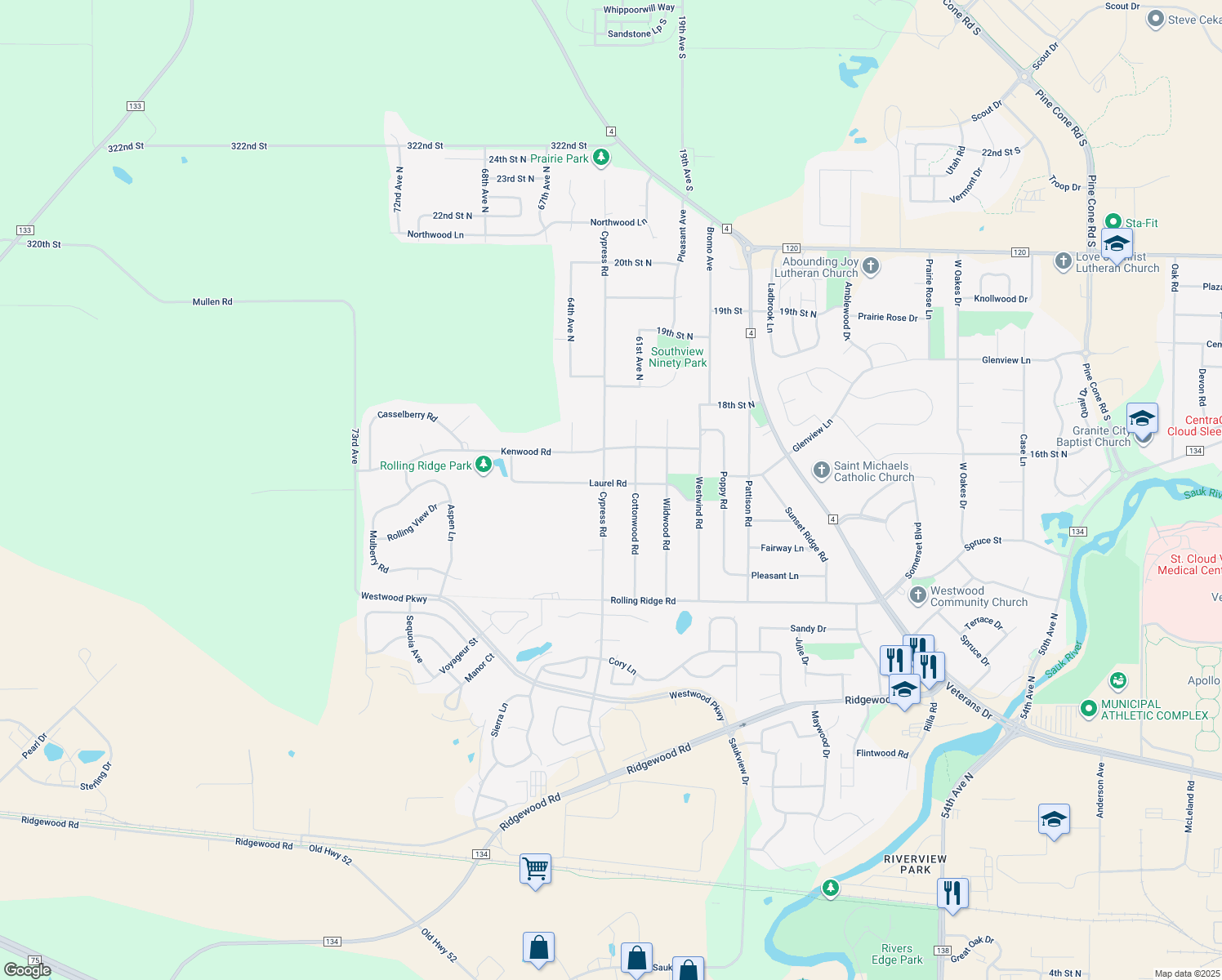 map of restaurants, bars, coffee shops, grocery stores, and more near 6216 Laurel Road in St. Cloud