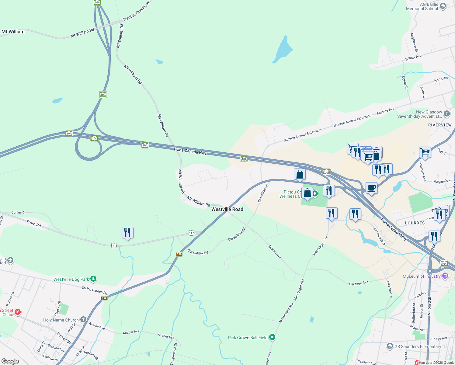 map of restaurants, bars, coffee shops, grocery stores, and more near 30 Westview Drive in Westville