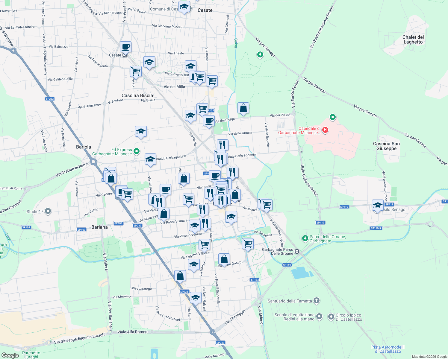map of restaurants, bars, coffee shops, grocery stores, and more near 46/C Via Manzoni in Garbagnate Milanese