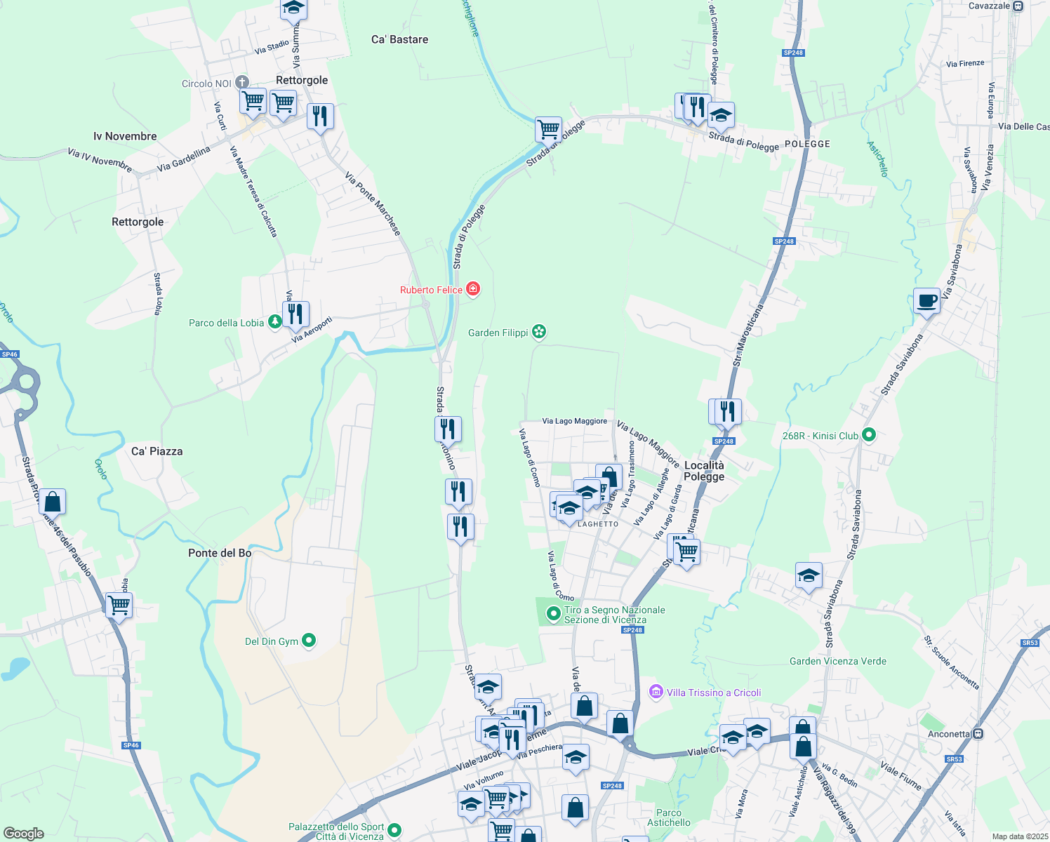 map of restaurants, bars, coffee shops, grocery stores, and more near 128 Via Lago Maggiore in Vicenza