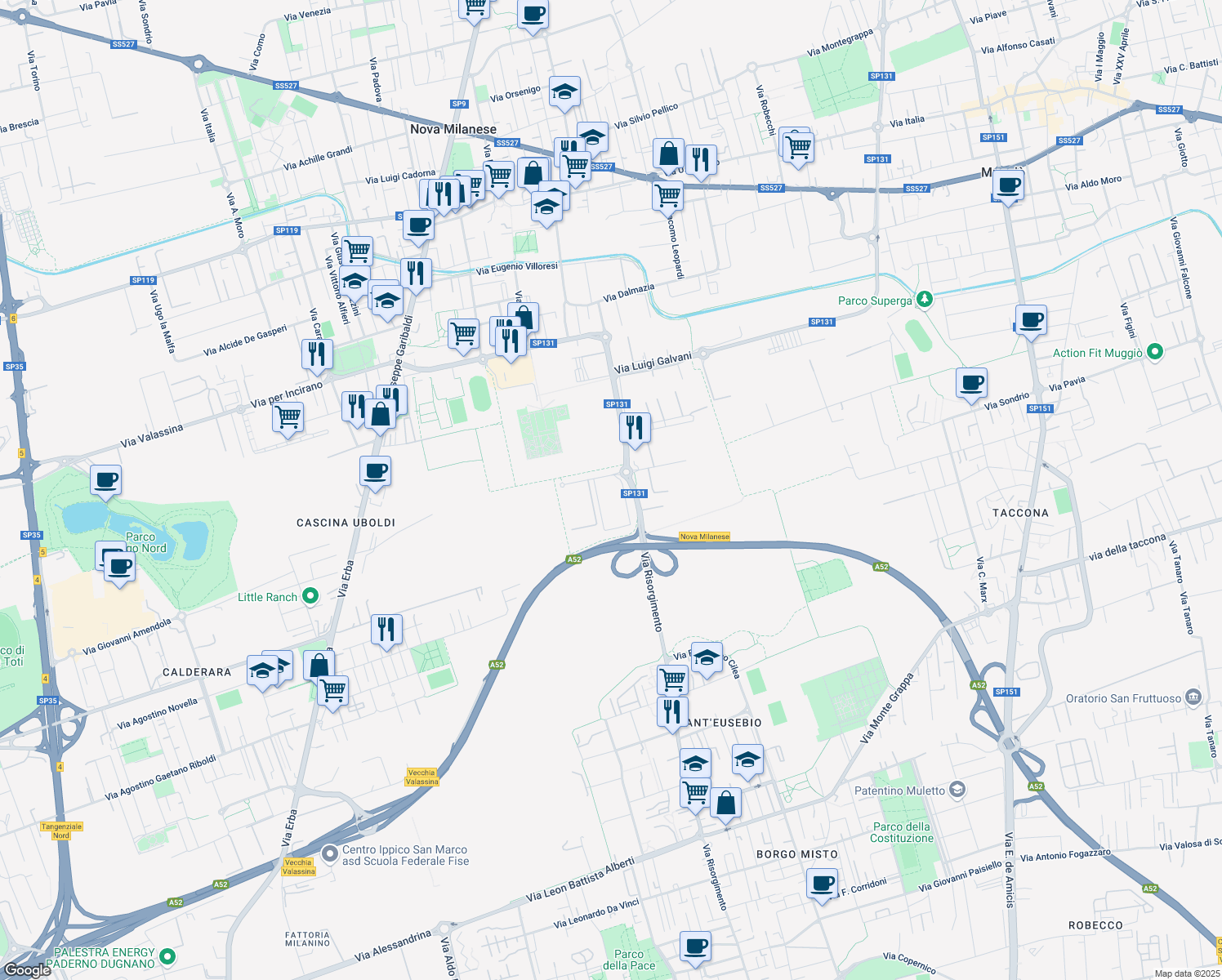 map of restaurants, bars, coffee shops, grocery stores, and more near 1 Via Gaetana Agnesi in Nova Milanese