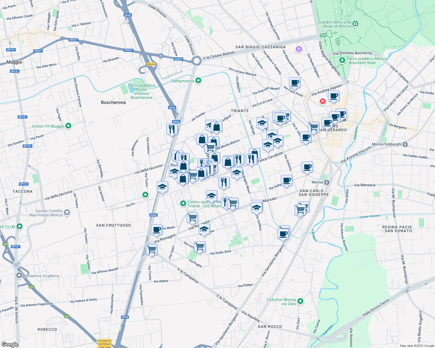 map of restaurants, bars, coffee shops, grocery stores, and more near 4 Via Monte Cervino in Monza