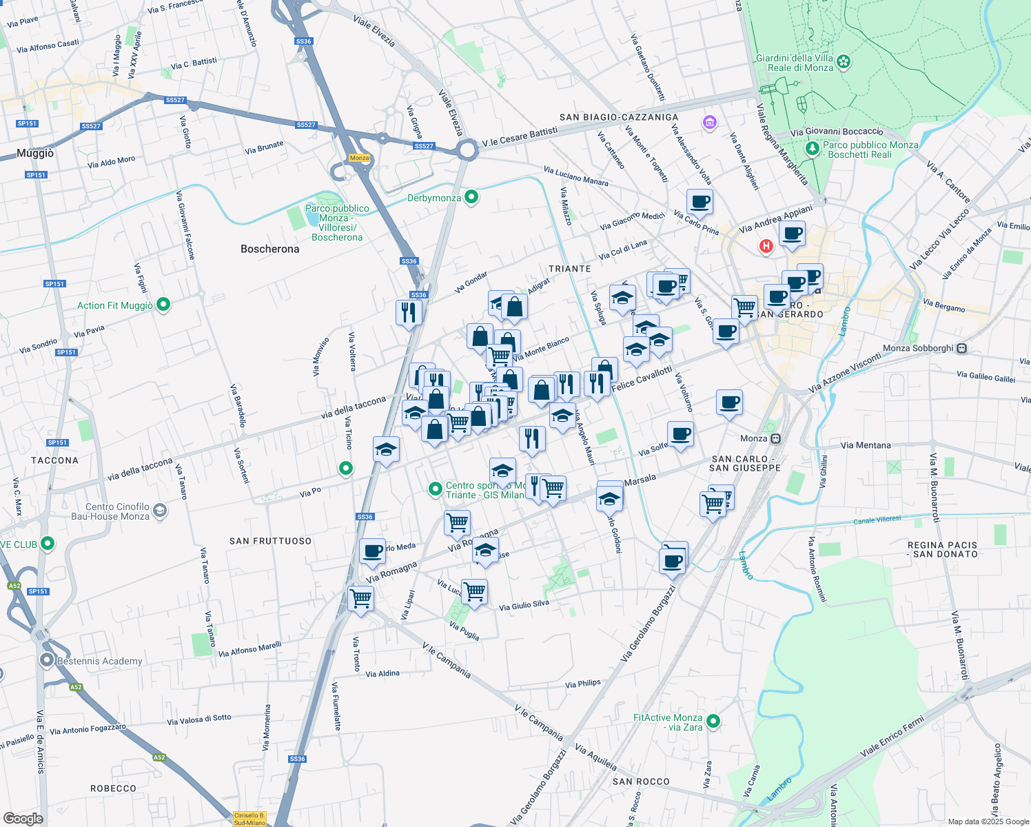 map of restaurants, bars, coffee shops, grocery stores, and more near 4 Via Monte Cervino in Monza
