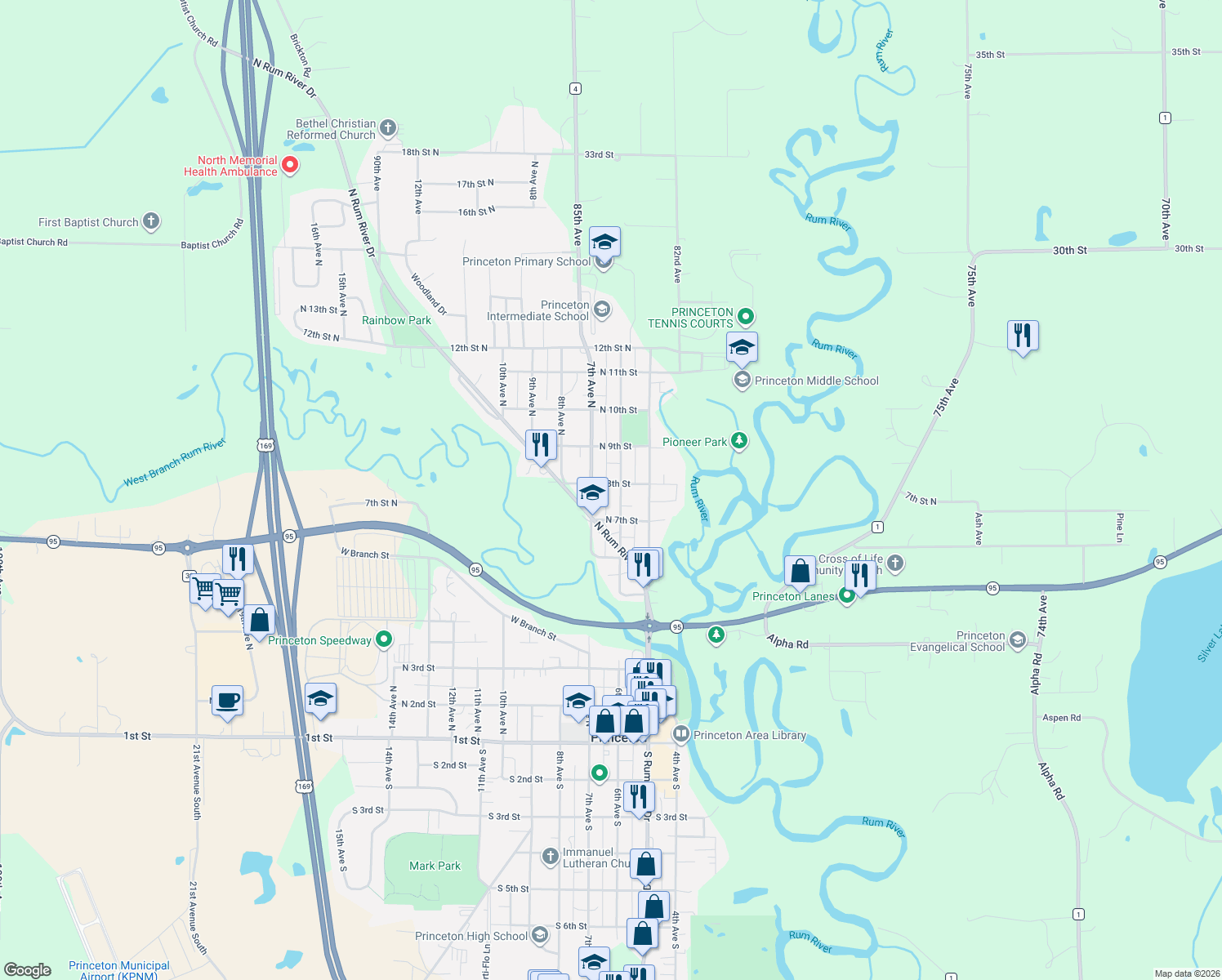 map of restaurants, bars, coffee shops, grocery stores, and more near 711 6th Avenue North in Princeton