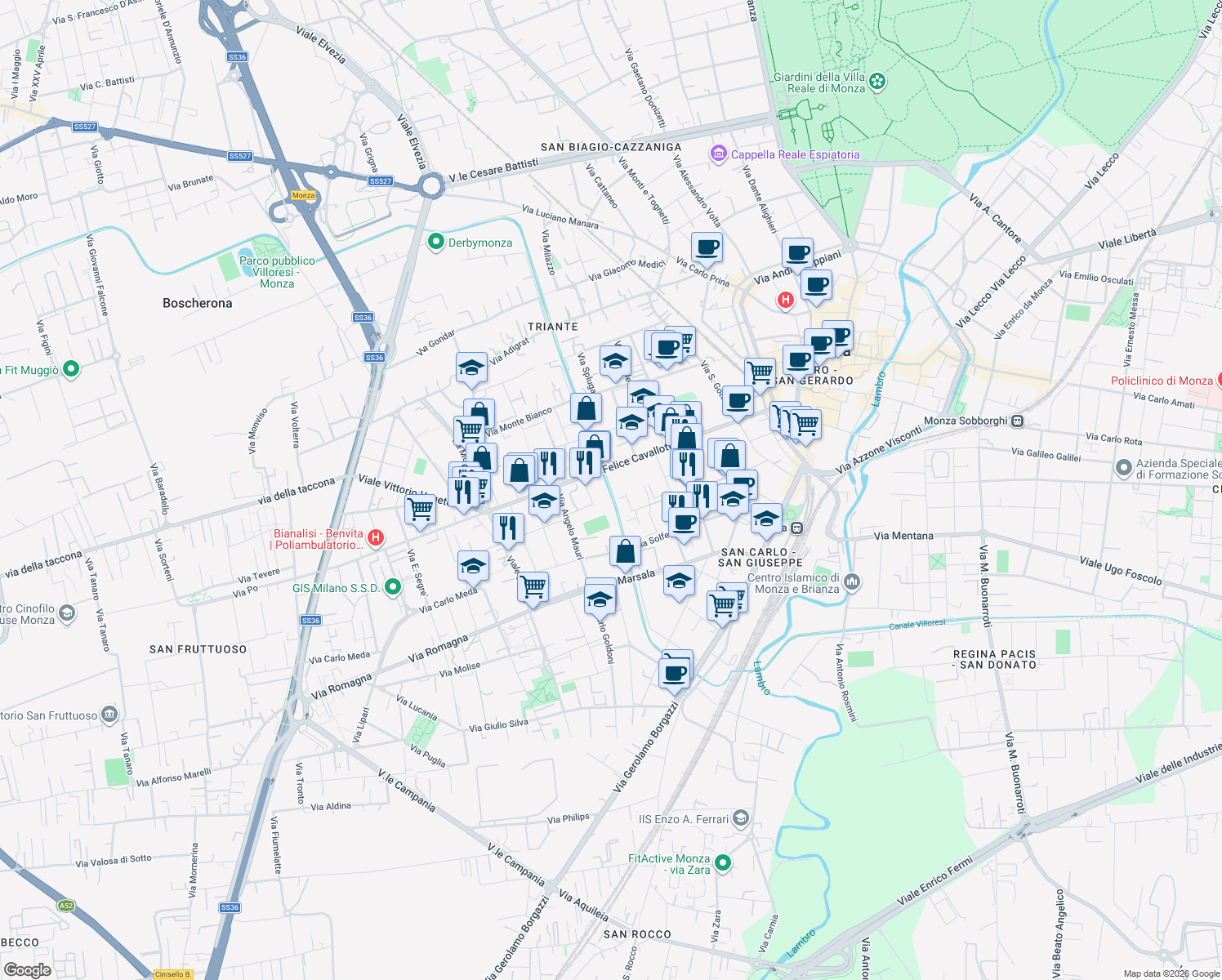 map of restaurants, bars, coffee shops, grocery stores, and more near Ciclabile Villoresi in Monza