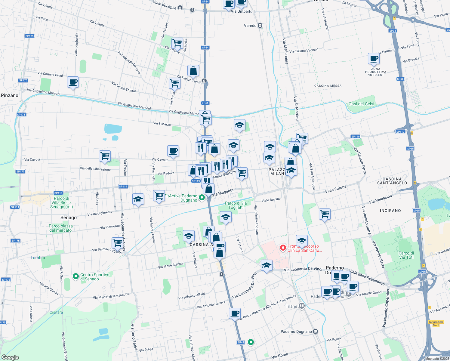 map of restaurants, bars, coffee shops, grocery stores, and more near 2 Via Antonio Pacinotti in Paderno Dugnano