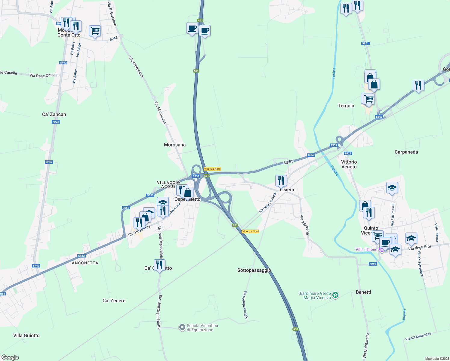 map of restaurants, bars, coffee shops, grocery stores, and more near 64 Via Acque in Vicenza