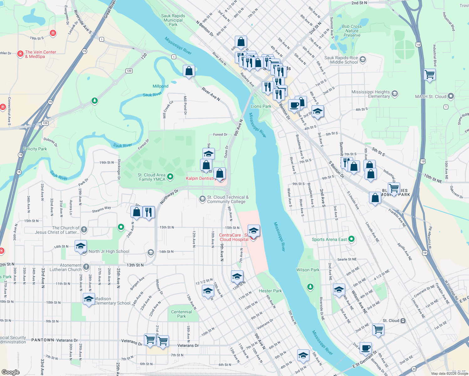 map of restaurants, bars, coffee shops, grocery stores, and more near 1715 Hillcrest Road in St. Cloud