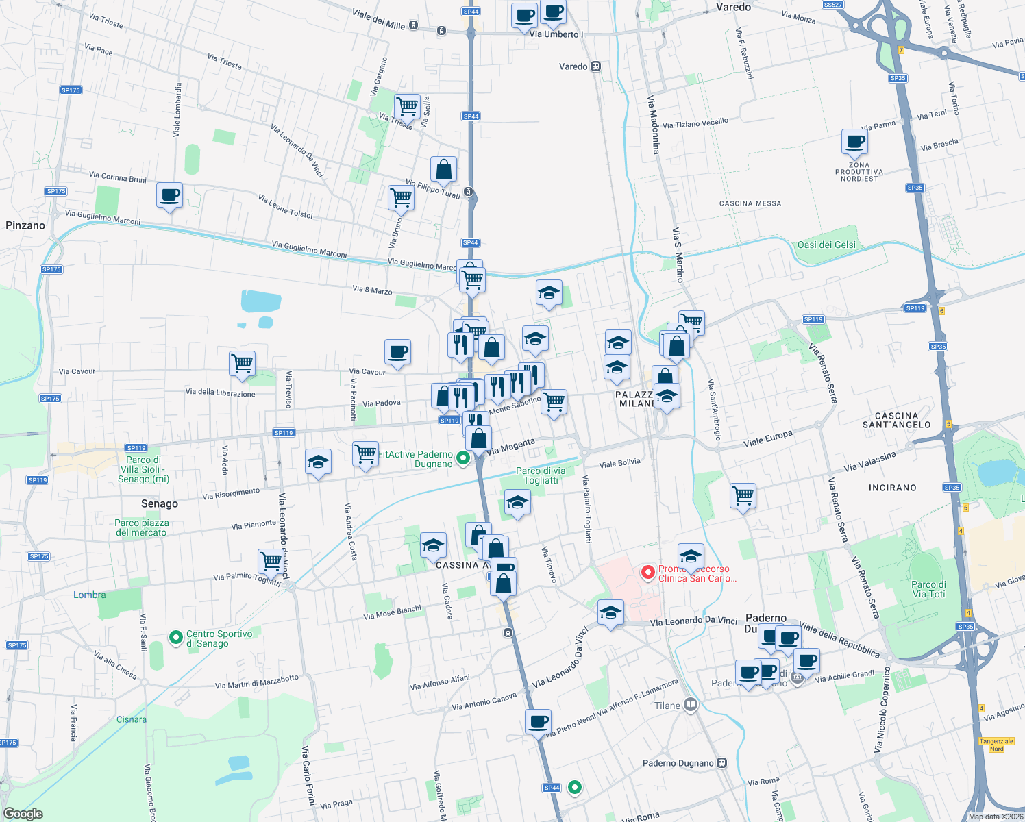 map of restaurants, bars, coffee shops, grocery stores, and more near 2 Via Antonio Pacinotti in Paderno Dugnano