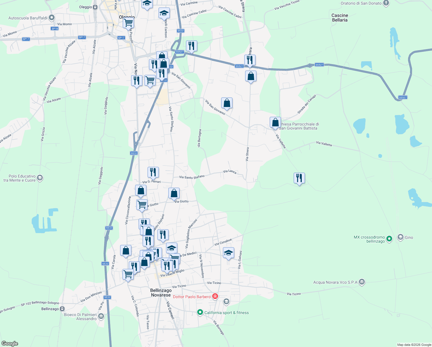 map of restaurants, bars, coffee shops, grocery stores, and more near 20 Via Lanca in Oleggio