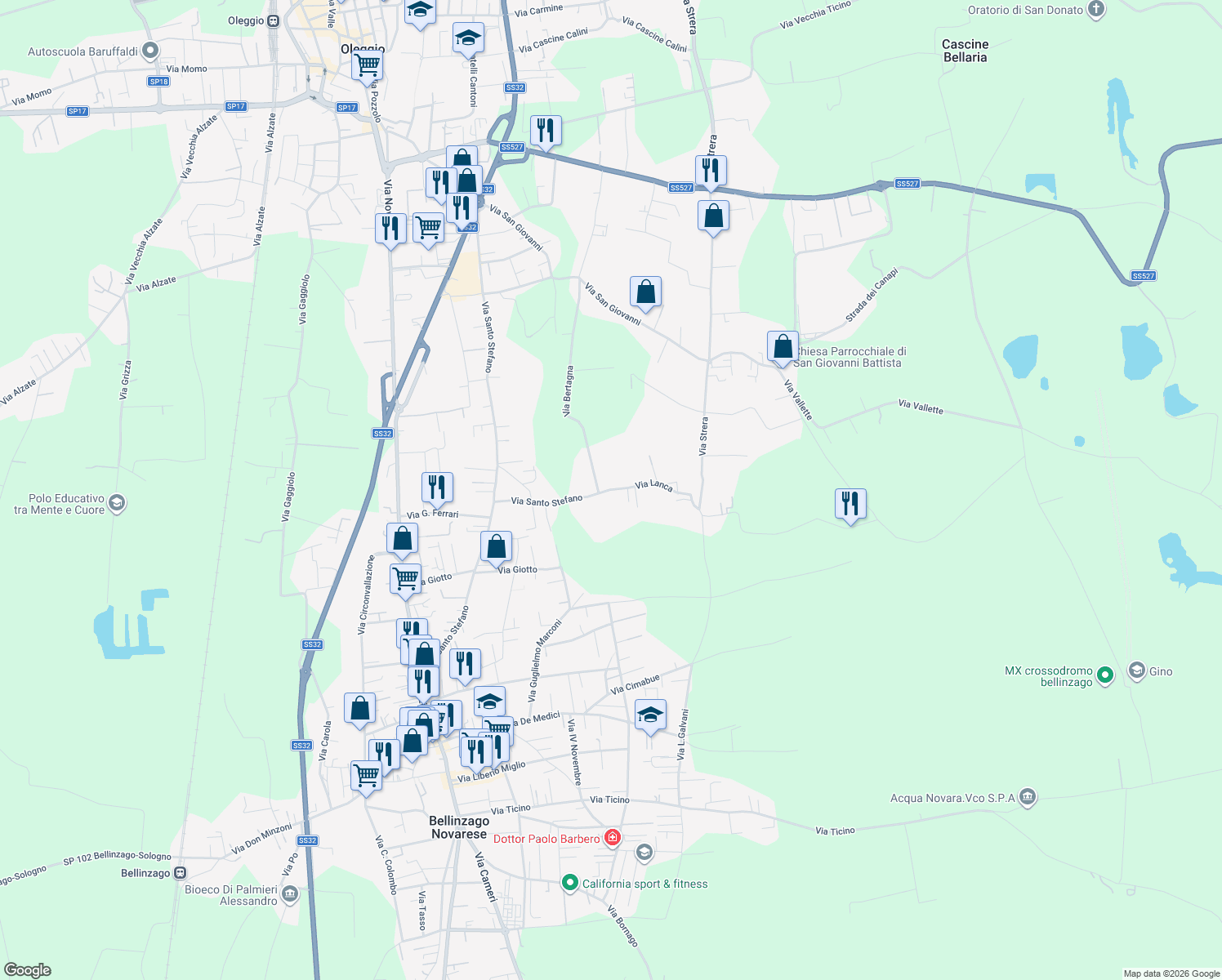 map of restaurants, bars, coffee shops, grocery stores, and more near 20 Via Lanca in Oleggio