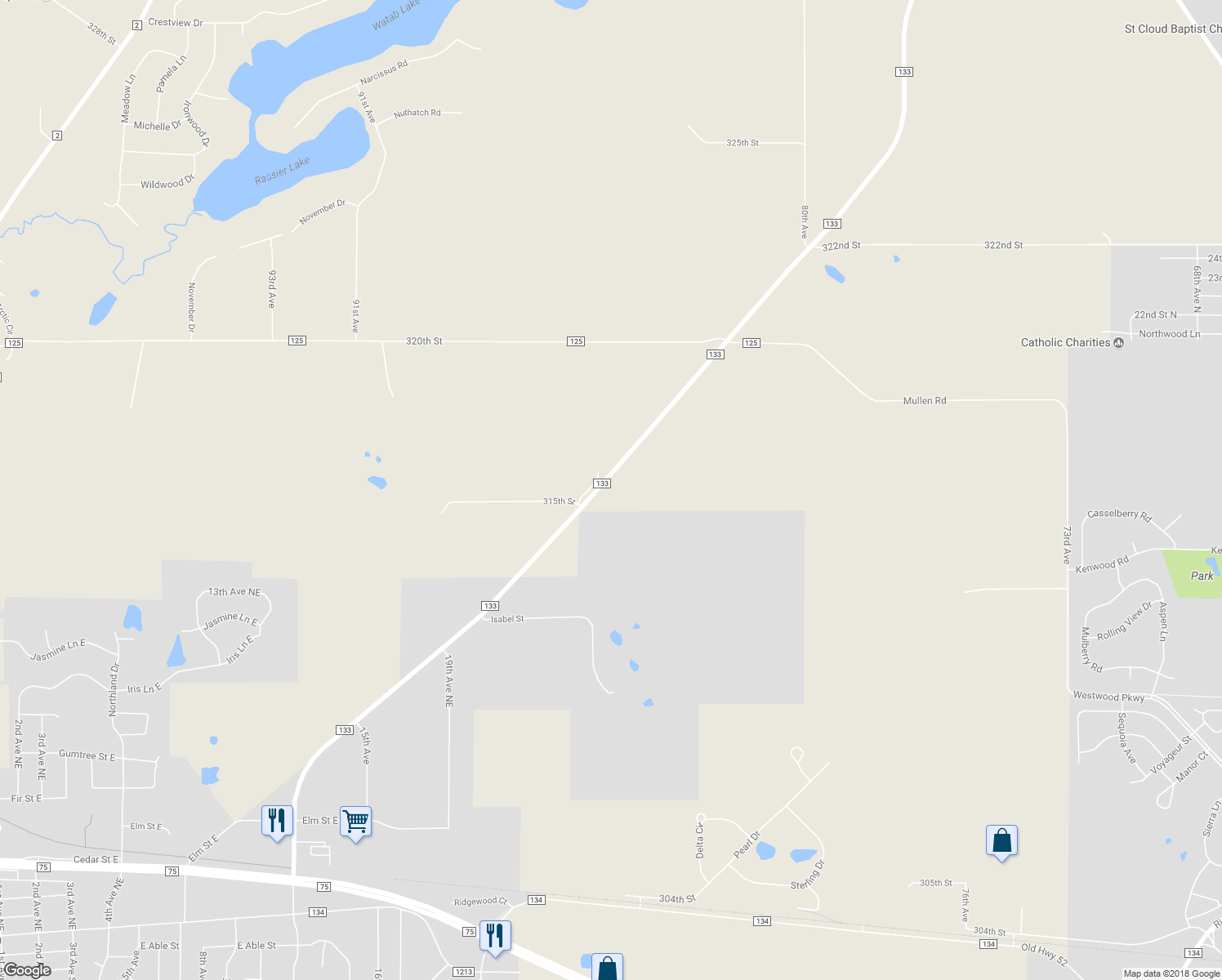 map of restaurants, bars, coffee shops, grocery stores, and more near 31552 County Road 133 in Saint Joseph