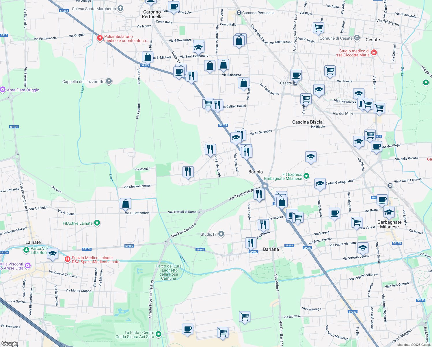 map of restaurants, bars, coffee shops, grocery stores, and more near 208 Via Fabrizio de Andrè in Caronno Pertusella