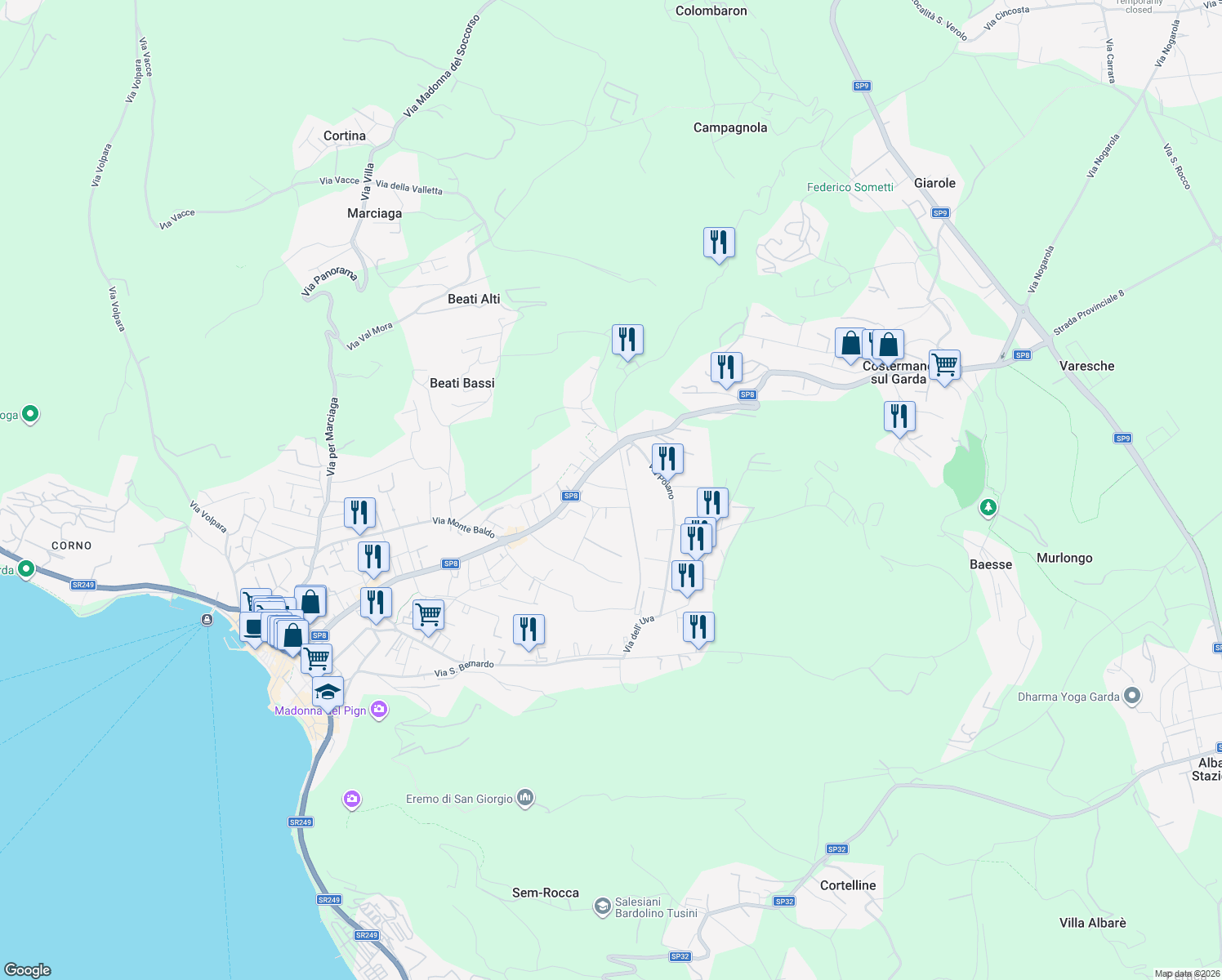 map of restaurants, bars, coffee shops, grocery stores, and more near 18 Via Vittorio Monese in Garda
