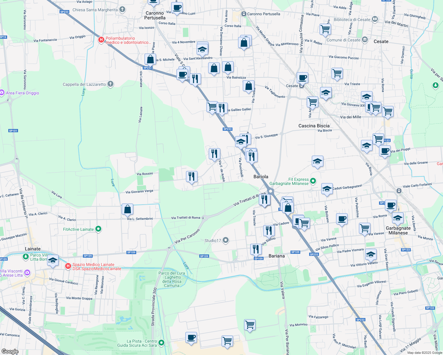 map of restaurants, bars, coffee shops, grocery stores, and more near 208 Via F. de Andrè in Caronno Pertusella