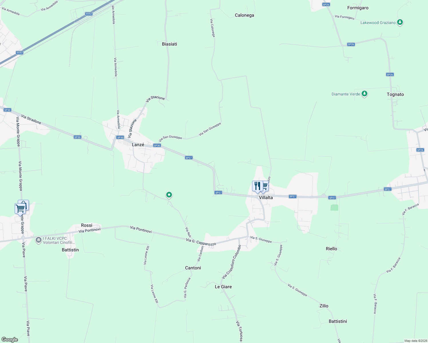 map of restaurants, bars, coffee shops, grocery stores, and more near Strada Provinciale 27 in Provincia di Vicenza